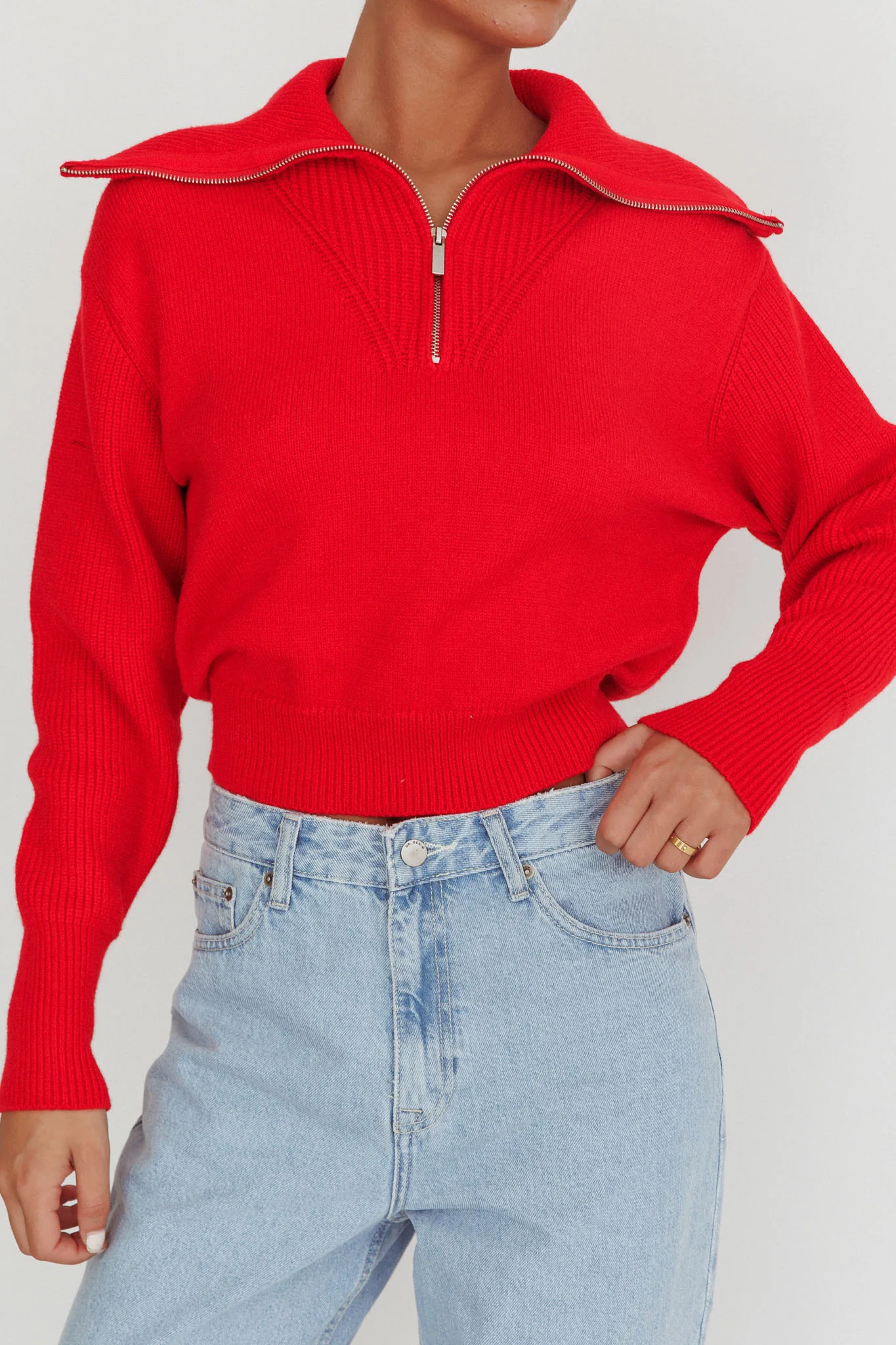 Dawneta Half Zipper Knit Pullover Red - Image 4