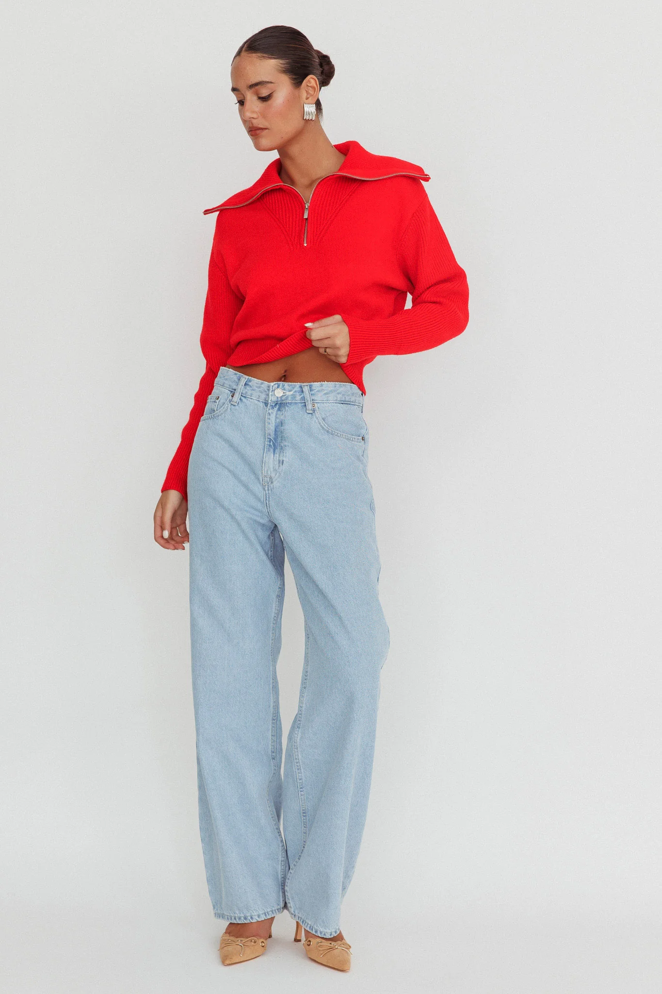 Dawneta Half Zipper Knit Pullover Red - Image 5