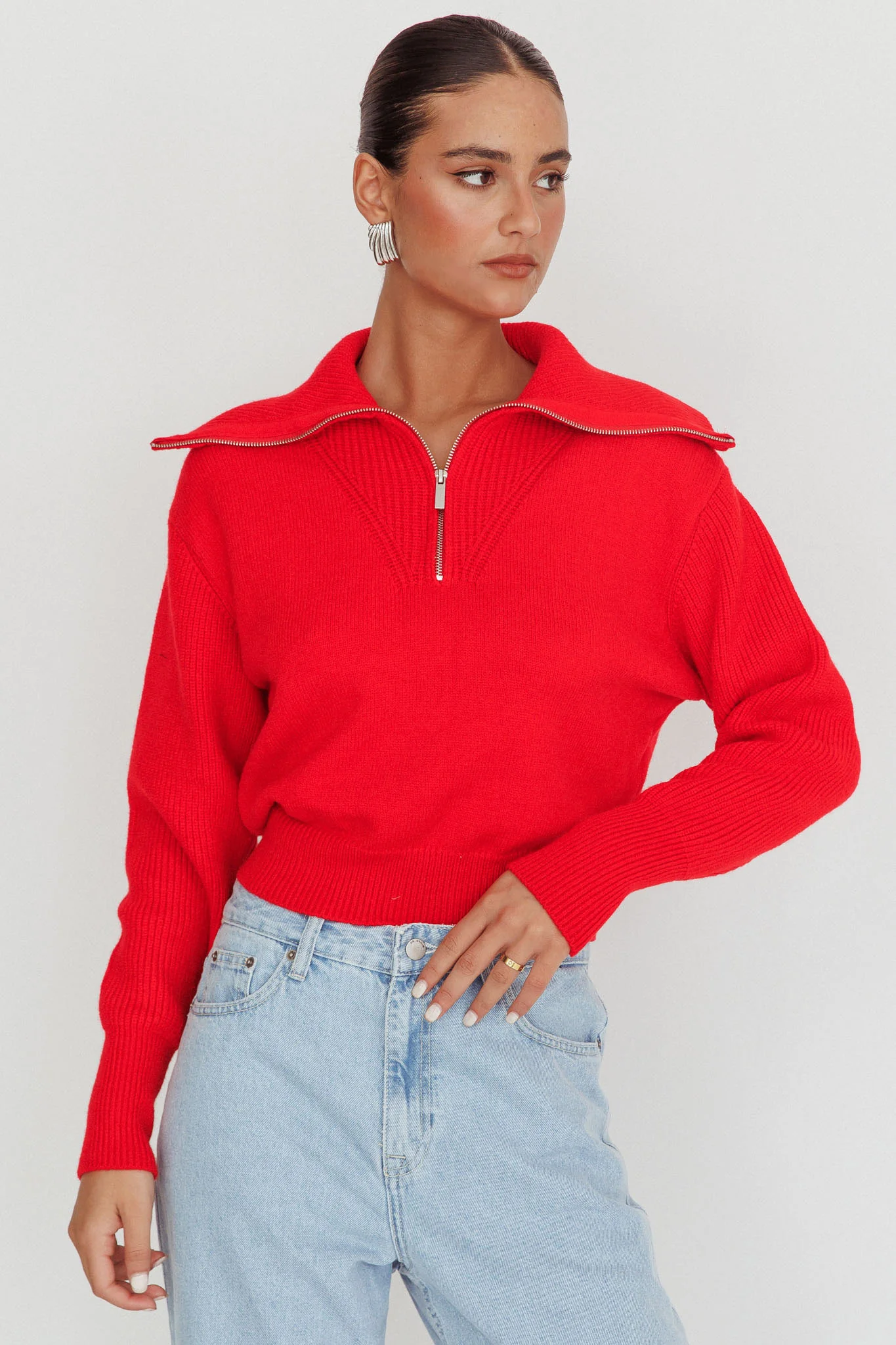Dawneta Half Zipper Knit Pullover Red - Image 6