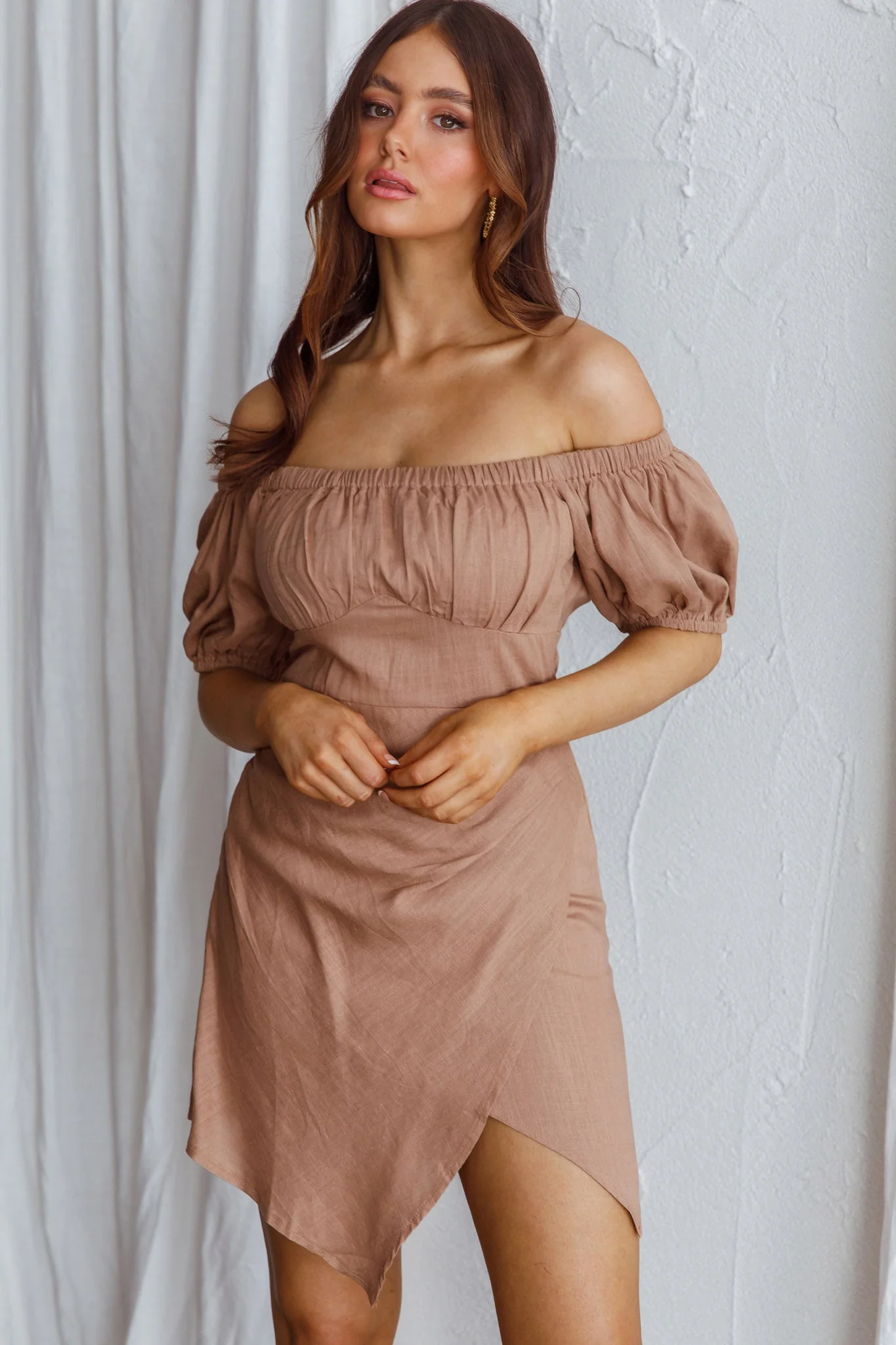 Dayanara Off-Shoulder Puff Sleeve Dress Mocha - Image 4