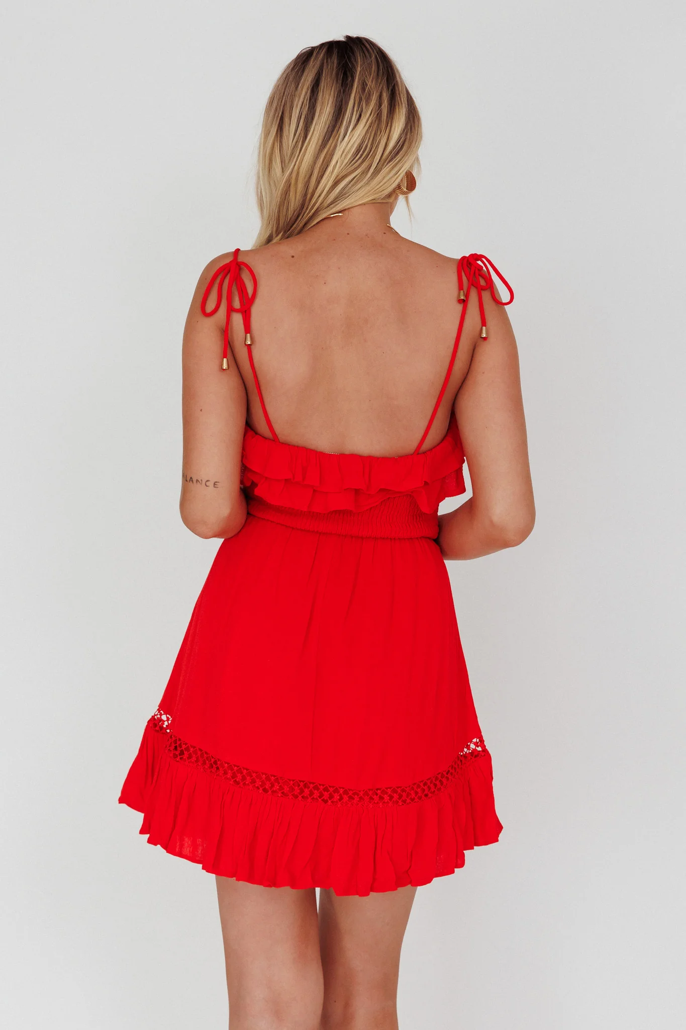 Daydream Shirred Bust Frill Trim Mini Dress Red - Image 2