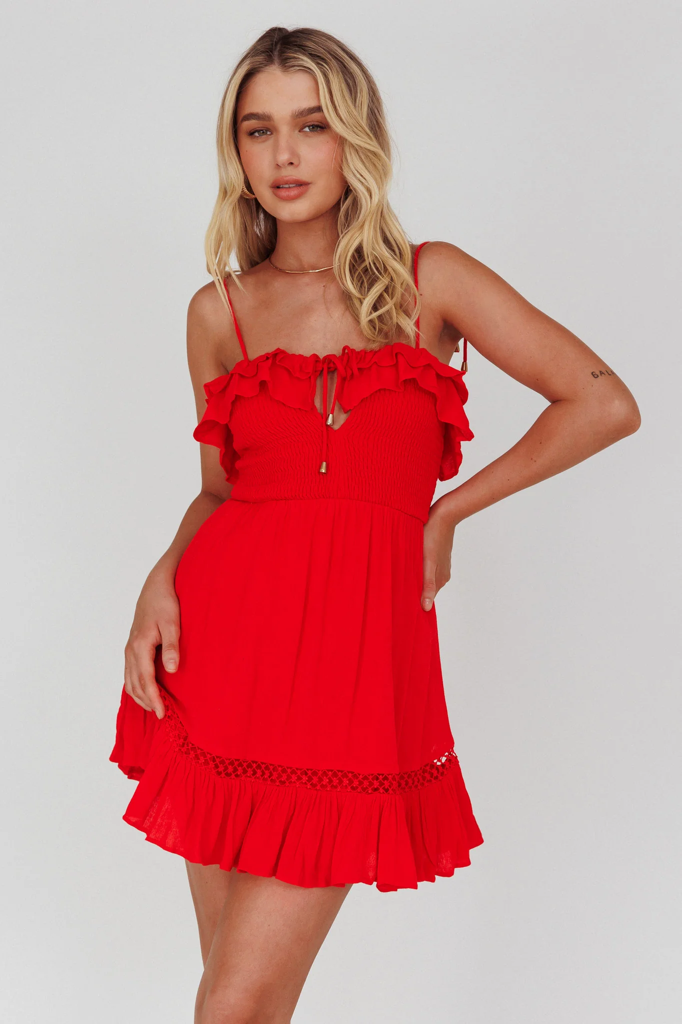 Daydream Shirred Bust Frill Trim Mini Dress Red - Image 3