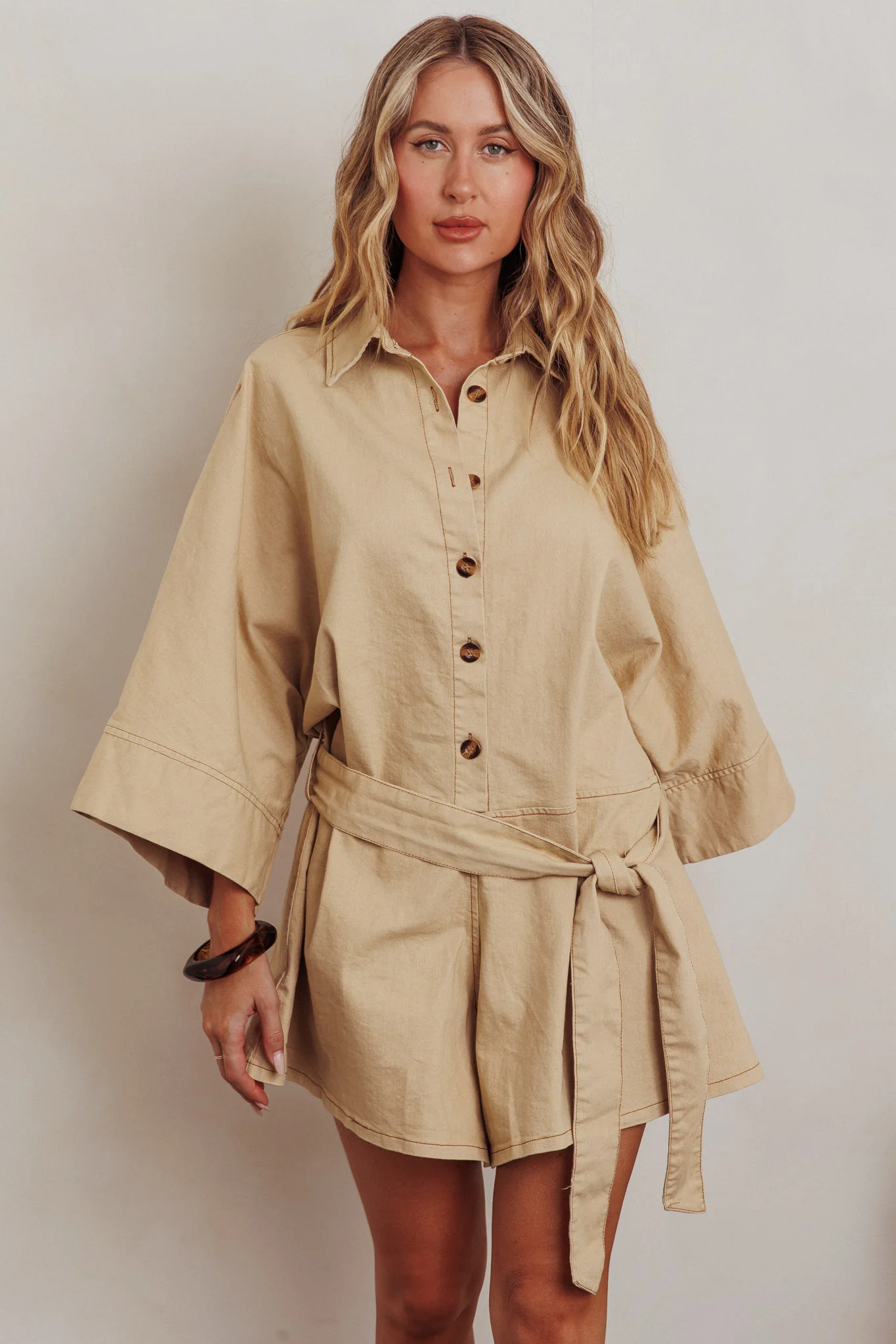Daytona Beach Button-Up Romper Beige - Image 6