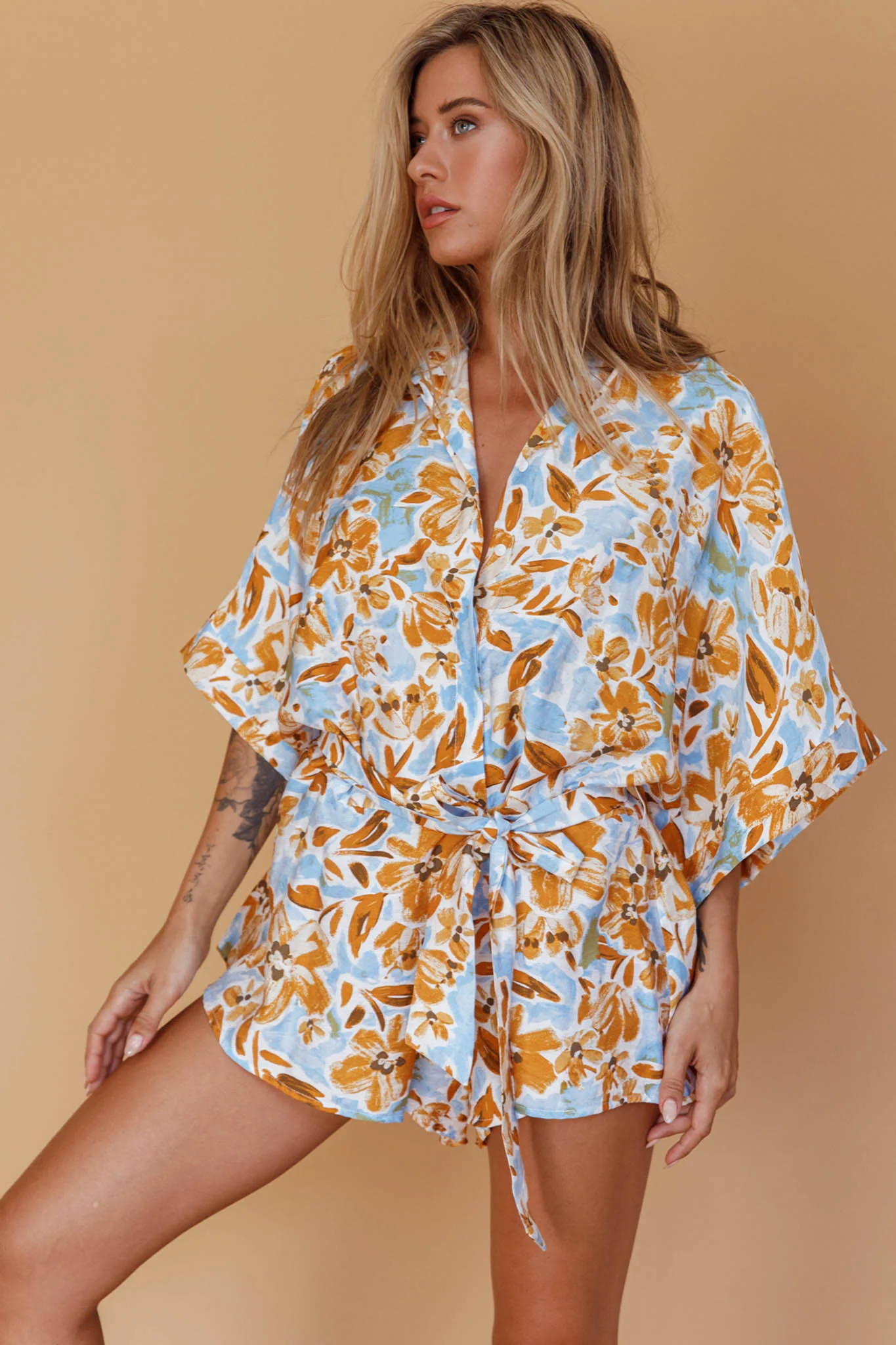 Daytona Beach Button-Up Romper Floral Blue - Image 5
