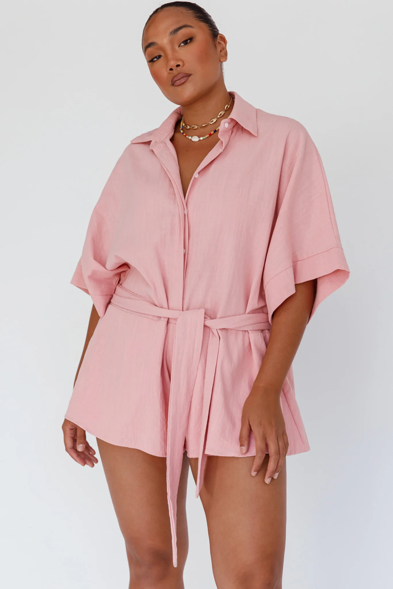 Daytona Beach Button-Up Romper Pink - Image 5