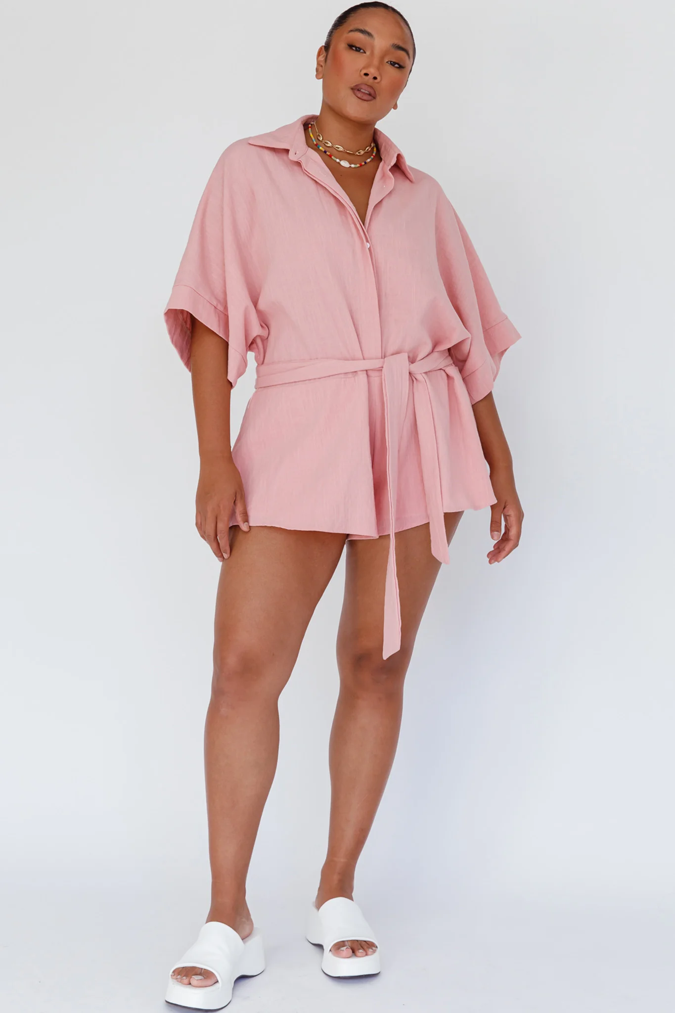 Daytona Beach Button-Up Romper Pink - Image 7
