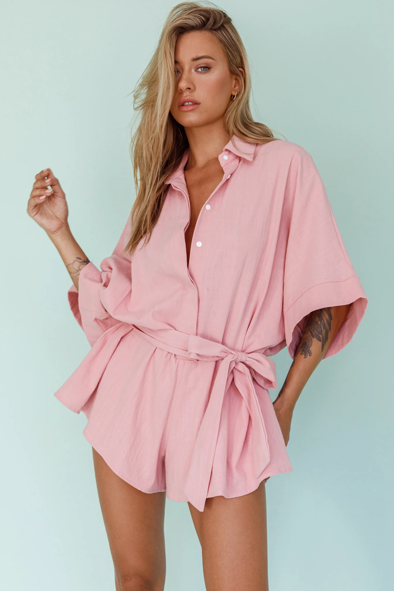 Daytona Beach Button-Up Romper Pink - Image 9