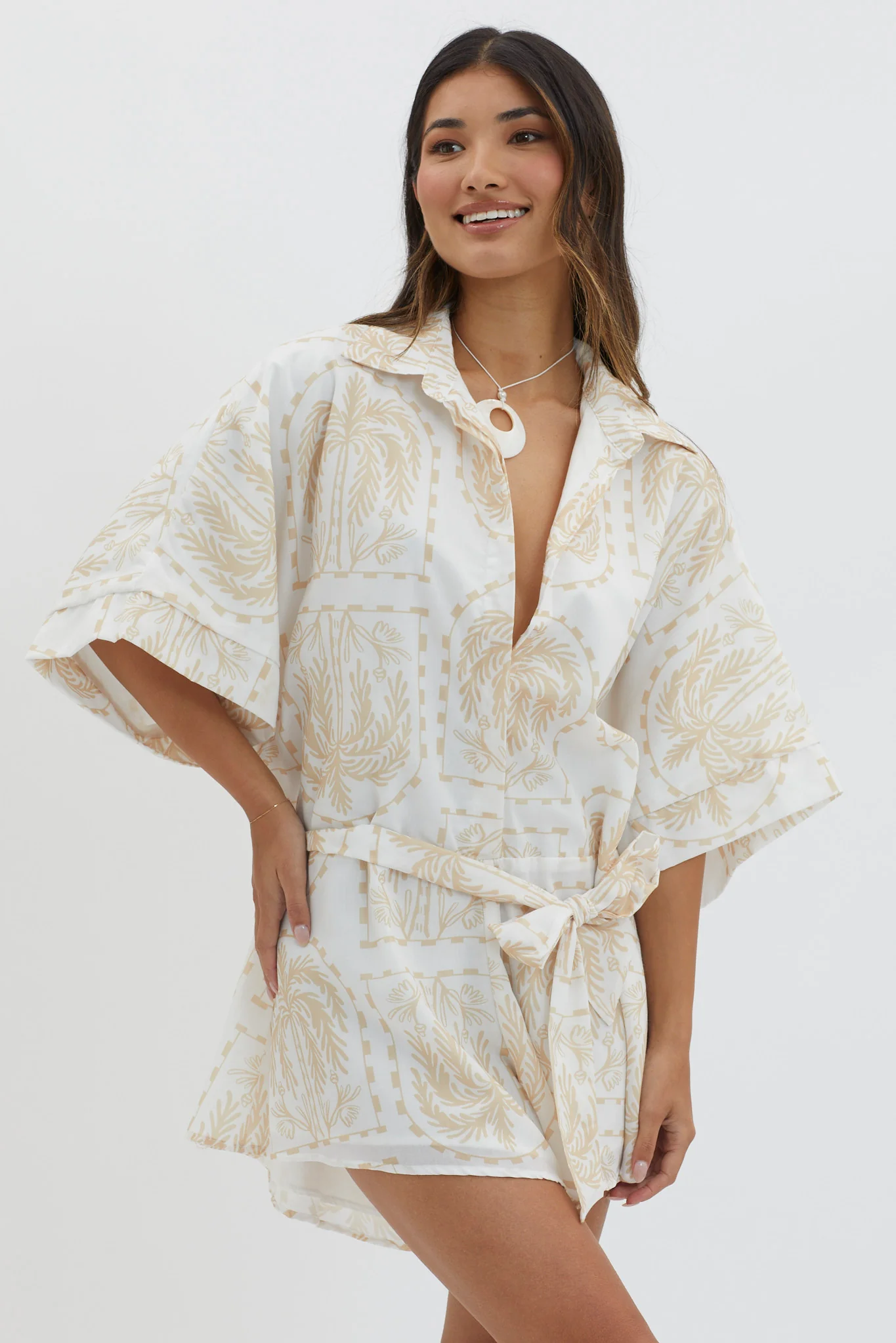 Daytona Beach Button-Up Romper Print Beige - Image 2