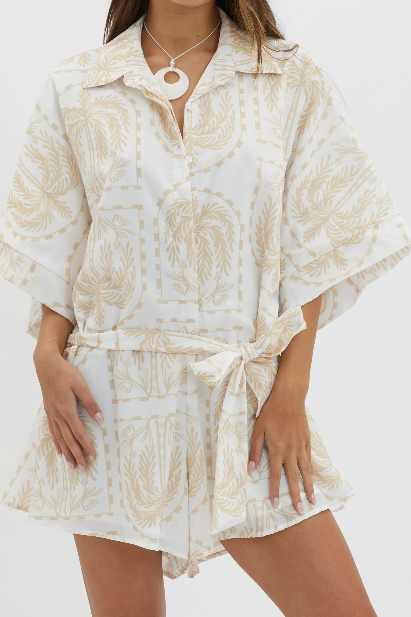 Daytona Beach Button-Up Romper Print Beige - Image 5