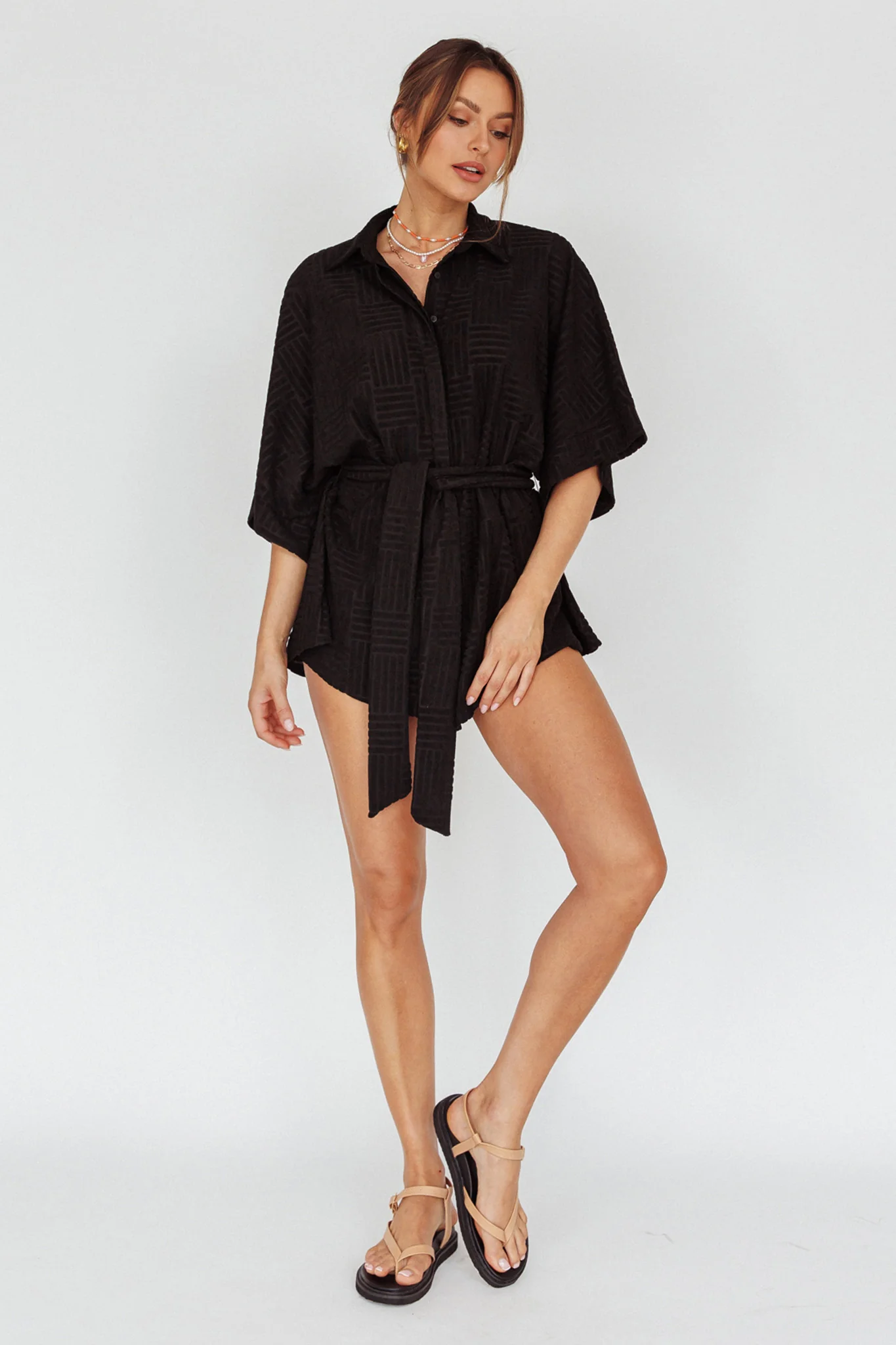 Daytona Beach Button-Up Romper Textured Black - Image 3