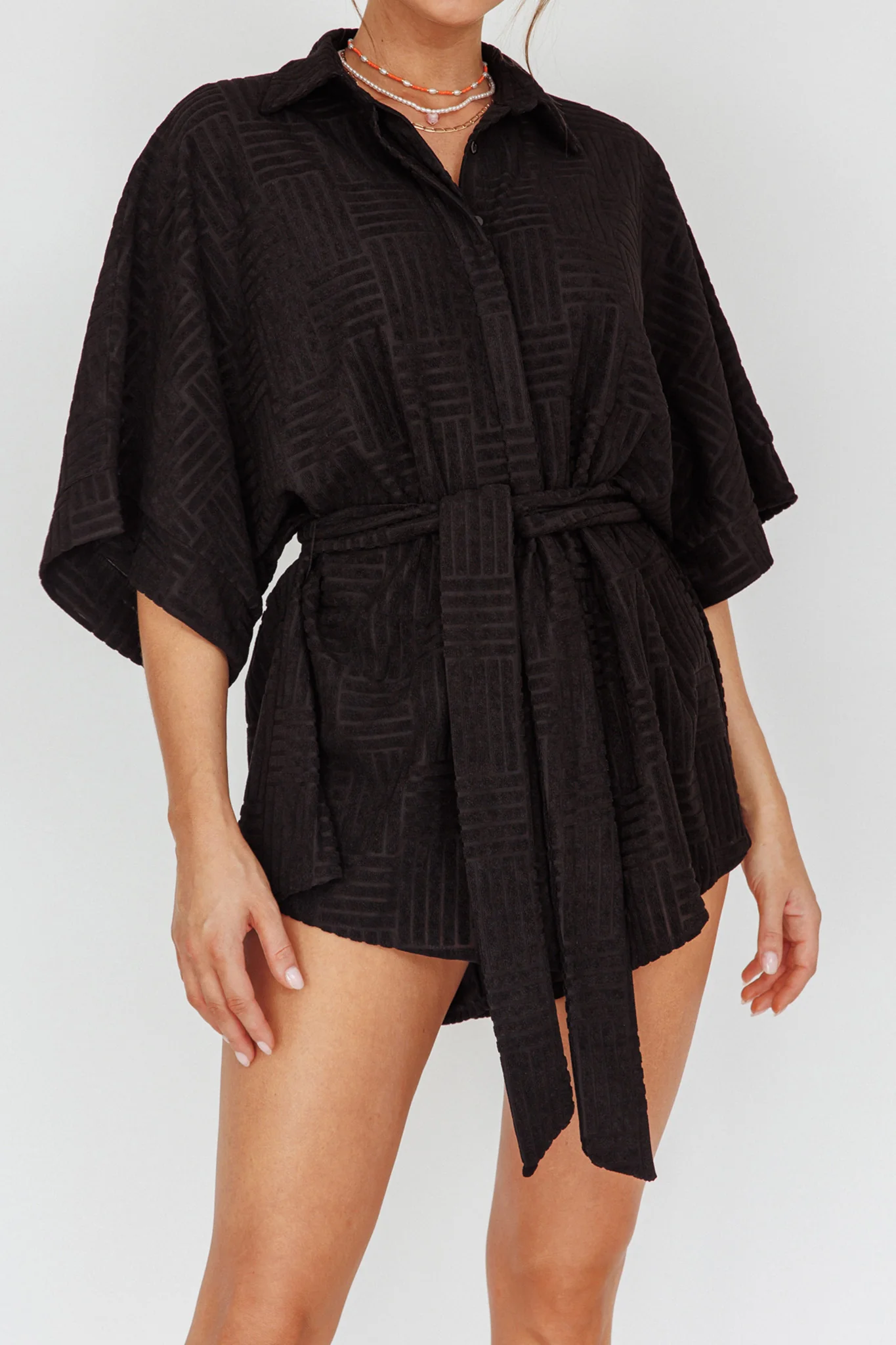 Daytona Beach Button-Up Romper Textured Black - Image 4