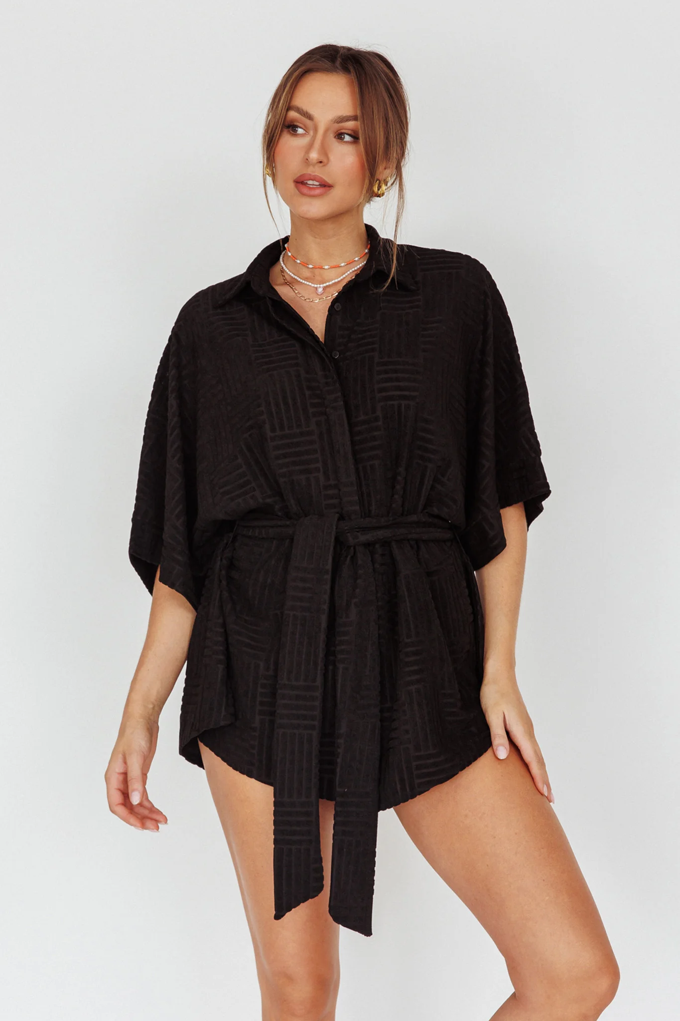 Daytona Beach Button-Up Romper Textured Black - Image 6