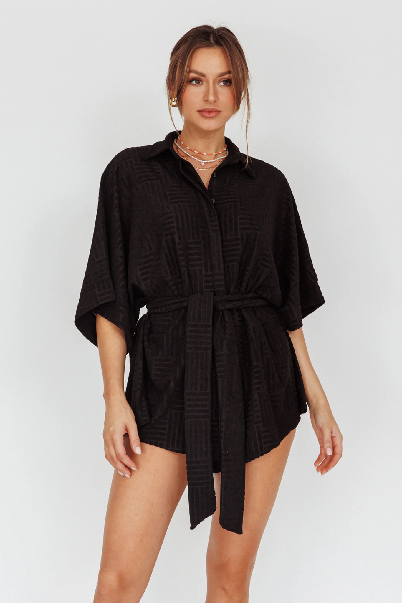 Daytona Beach Button-Up Romper Textured Black - Image 8