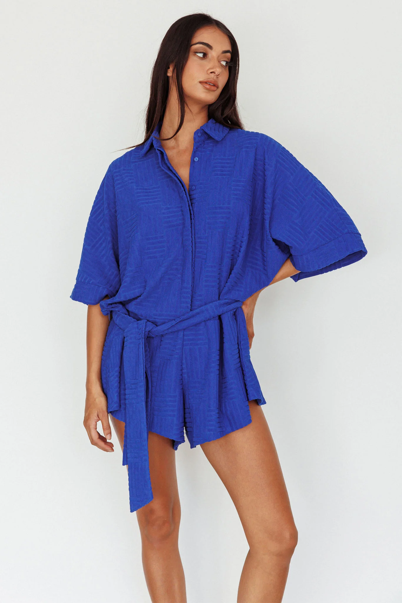 Daytona Beach Button-Up Romper Textured Blue - Image 6