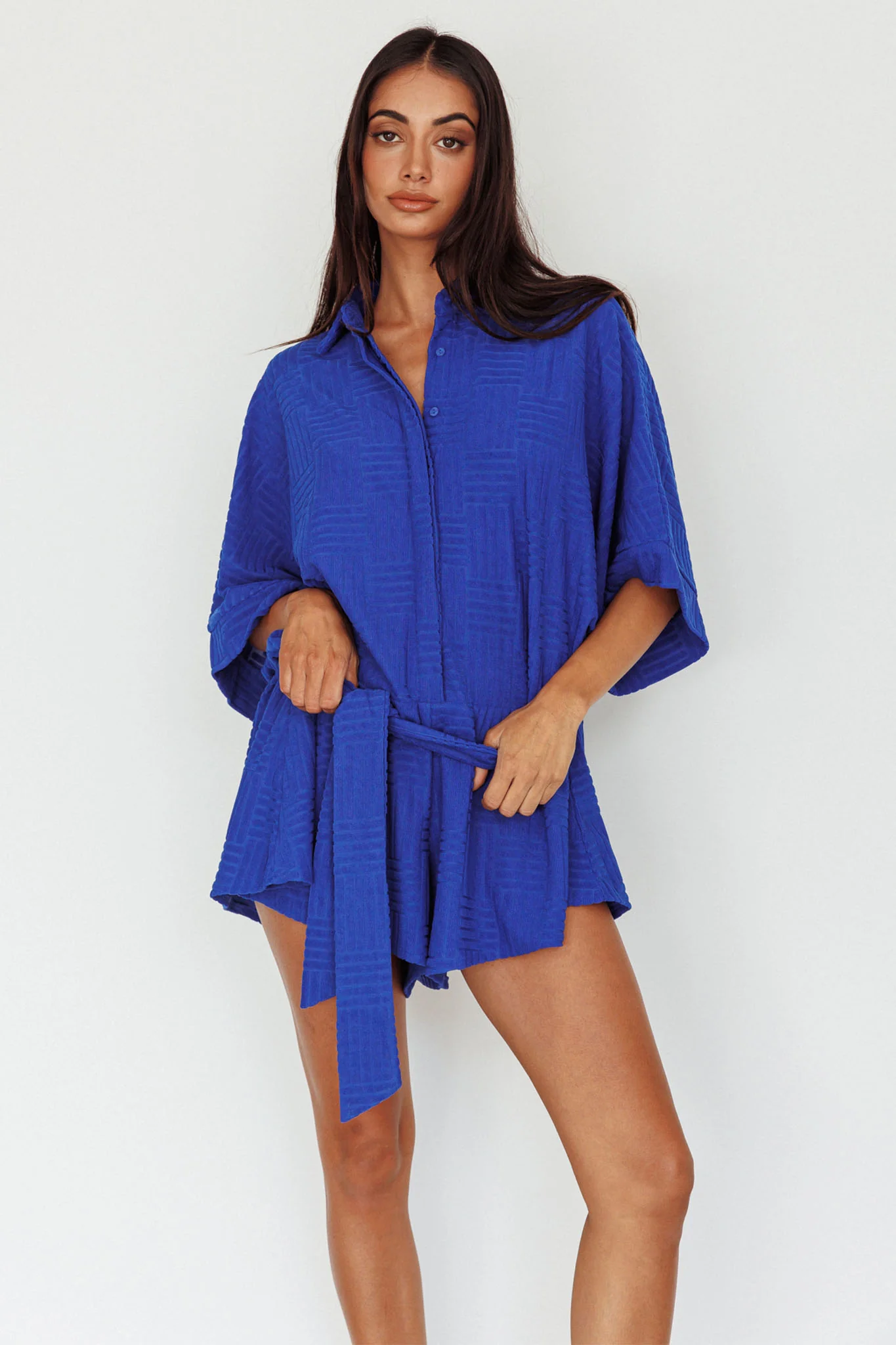 Daytona Beach Button-Up Romper Textured Blue - Image 8