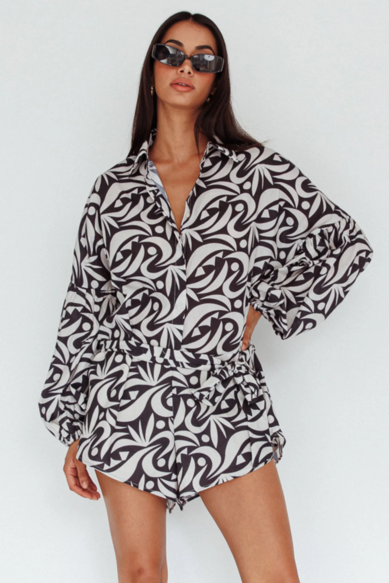 Daytona Beach Long Sleeve Shirt Romper Print Black