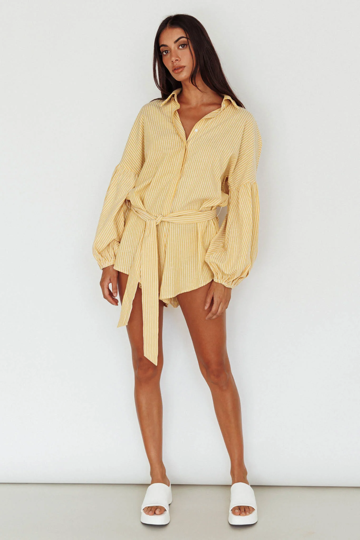 Daytona Beach Long Sleeve Shirt Romper Yellow Stripe - Image 3