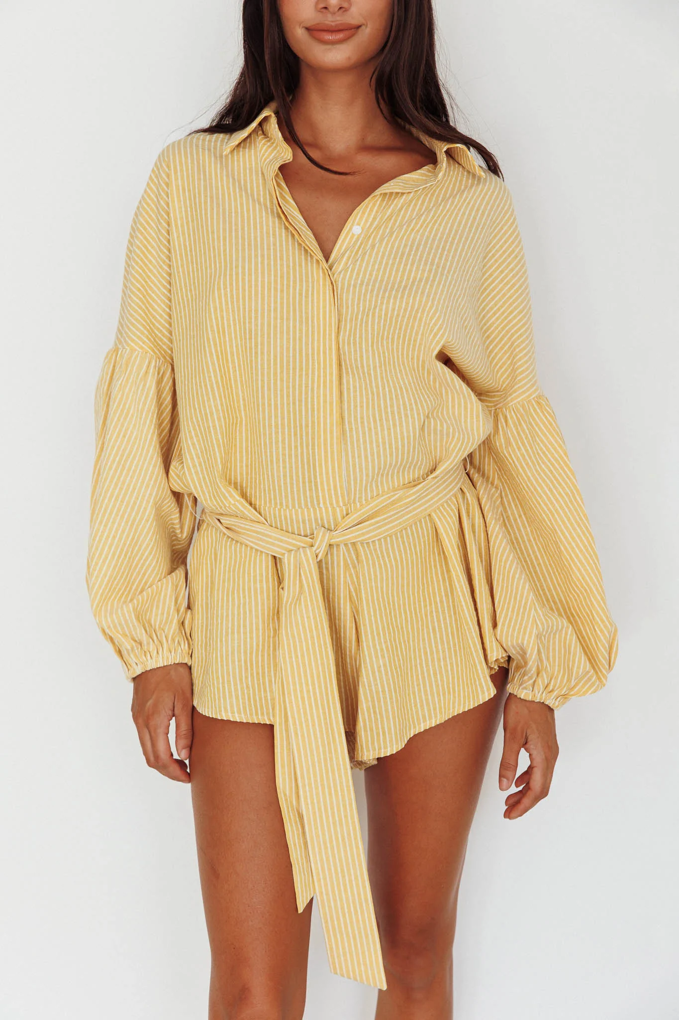 Daytona Beach Long Sleeve Shirt Romper Yellow Stripe - Image 4