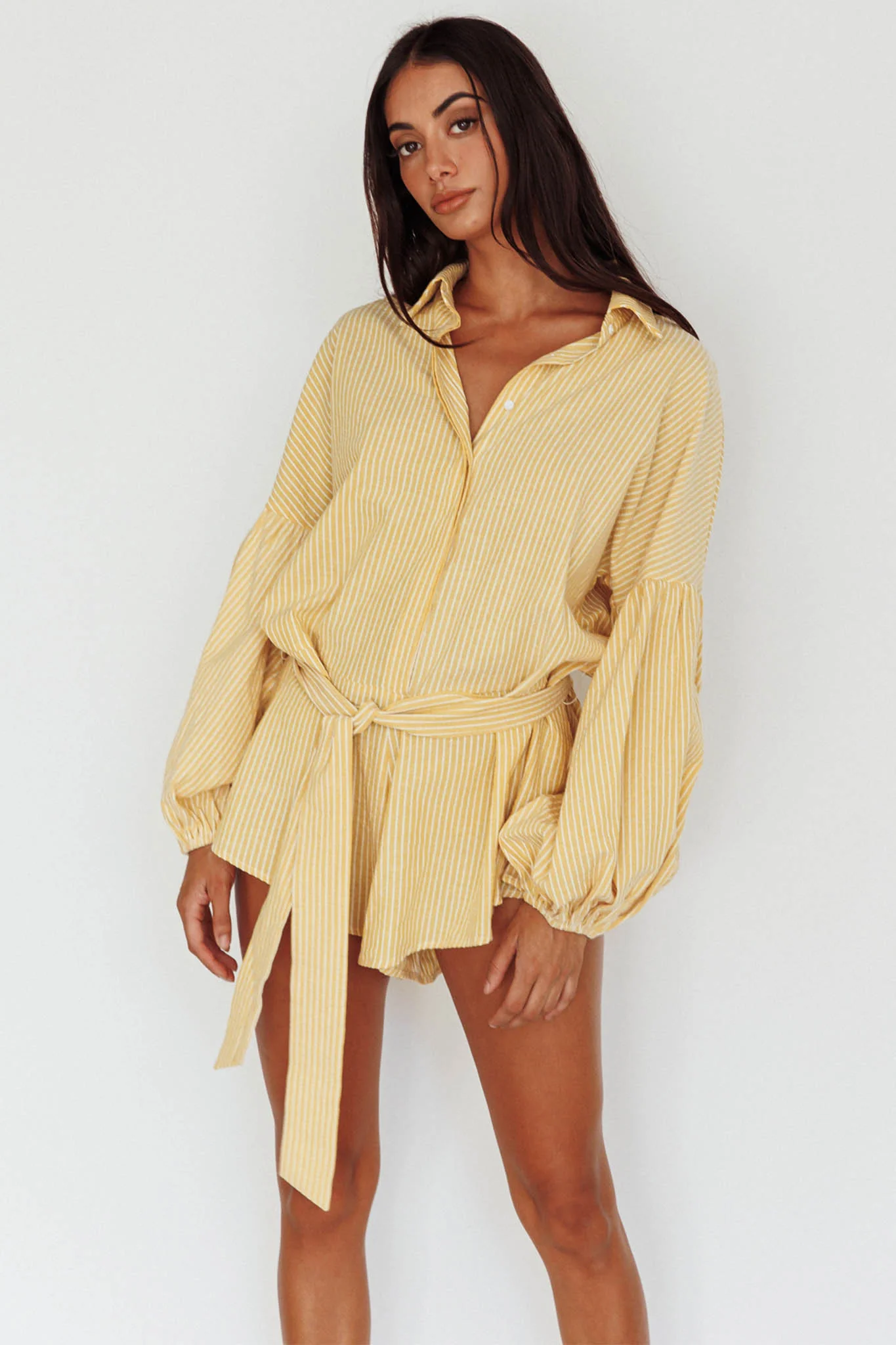 Daytona Beach Long Sleeve Shirt Romper Yellow Stripe - Image 5