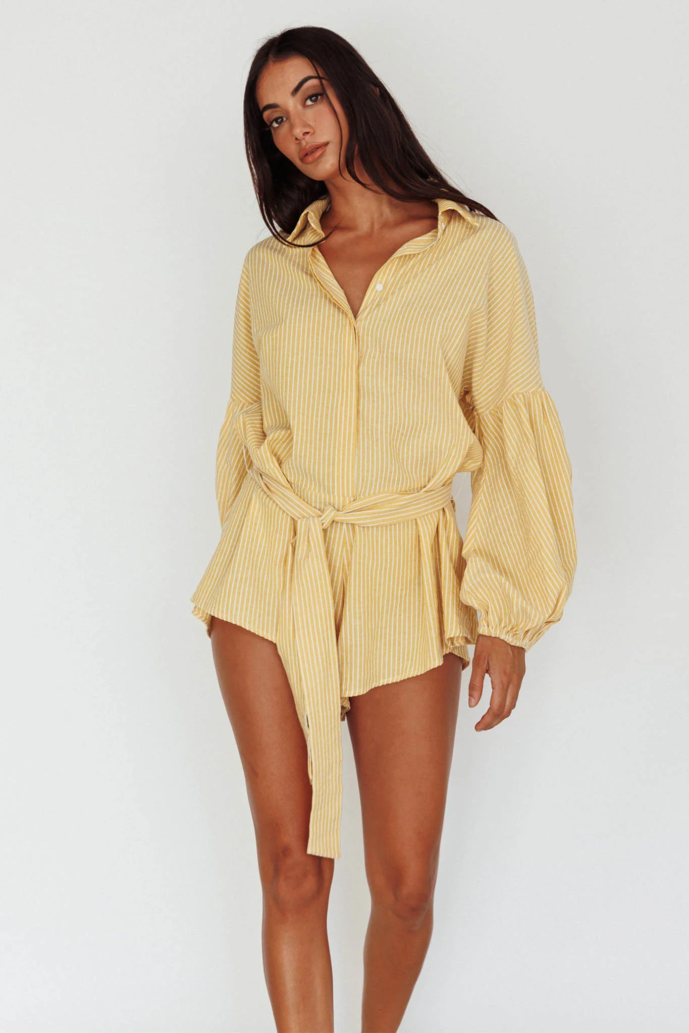 Daytona Beach Long Sleeve Shirt Romper Yellow Stripe - Image 7