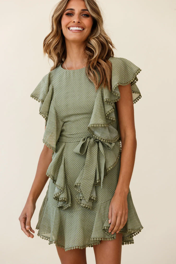 Deandra Ruffle Insert Waist Tie Dress Dash Pattern Olive - Image 6
