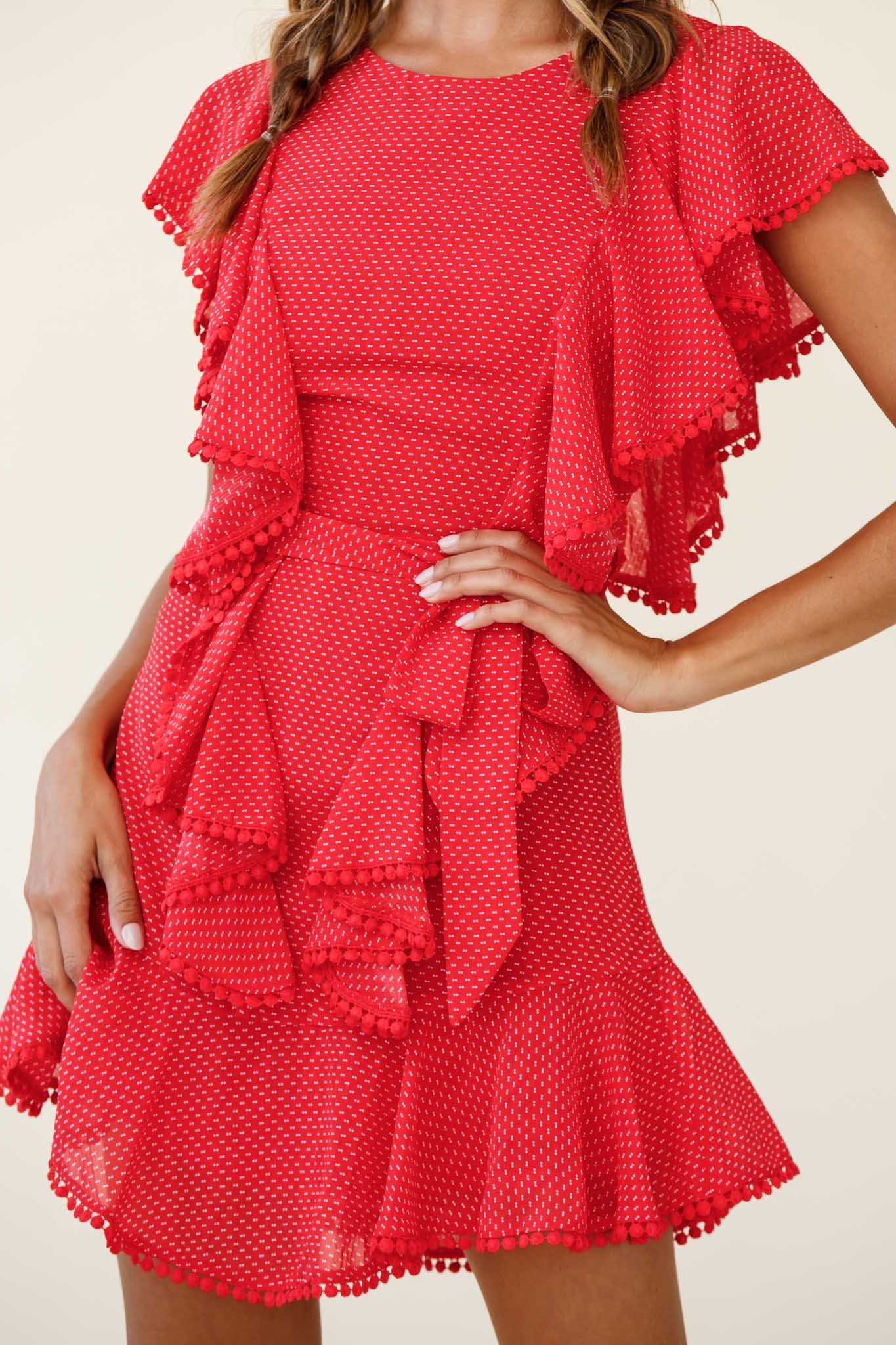 Deandra Ruffle Insert Waist Tie Dress Dash Pattern Red - Image 6