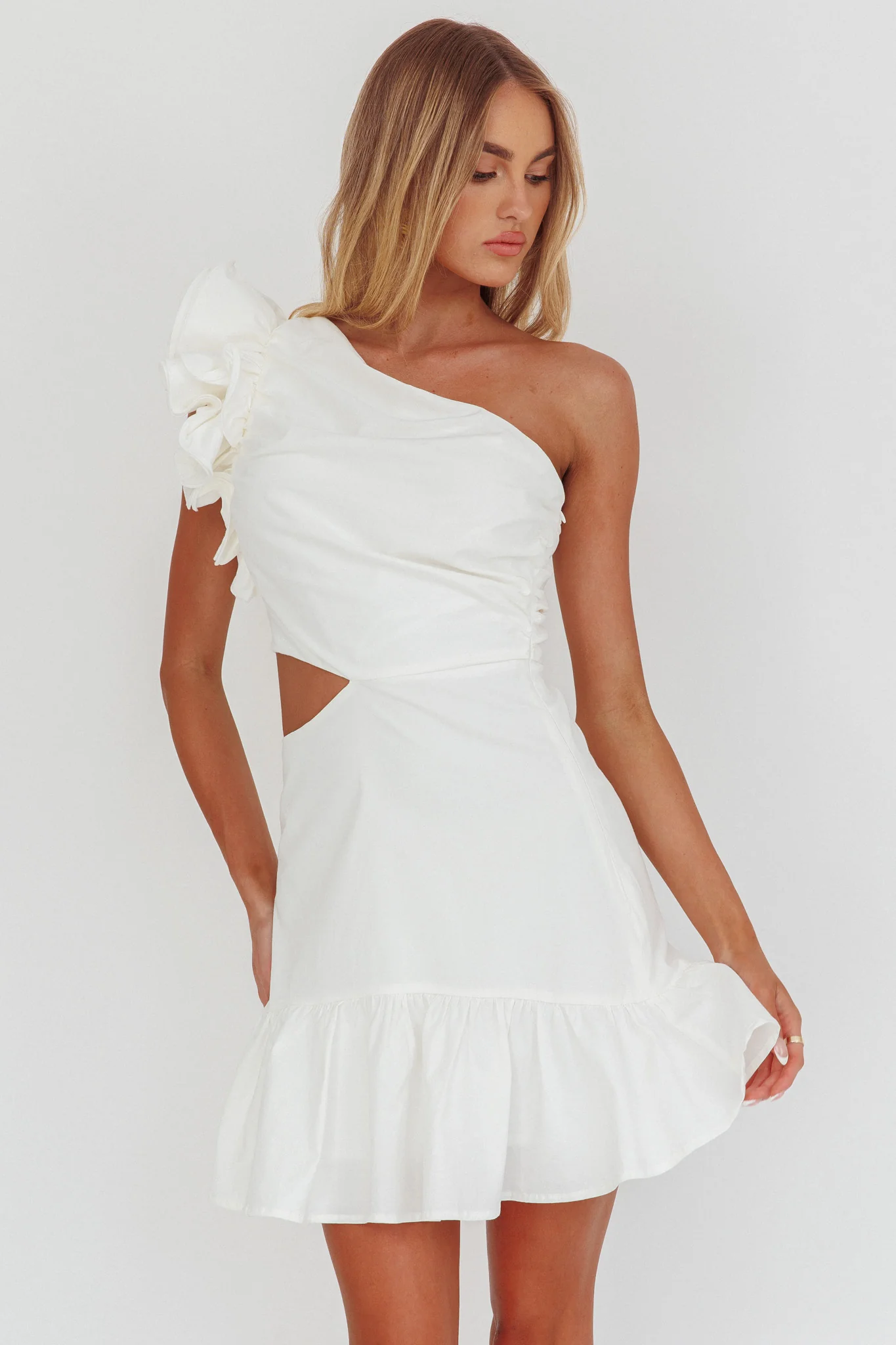 Deanna One-Shoulder Cut-Out Mini Dress White - Image 3