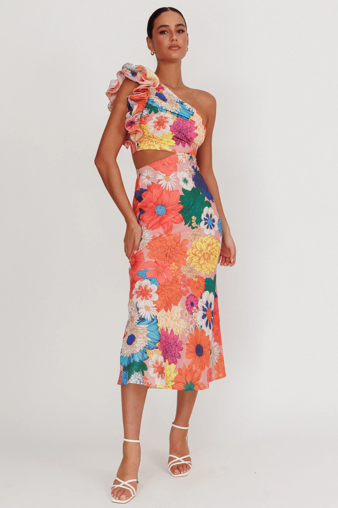 Deanna One-Shoulder Ruffle Floral Maxi Dress Orange - Image 4