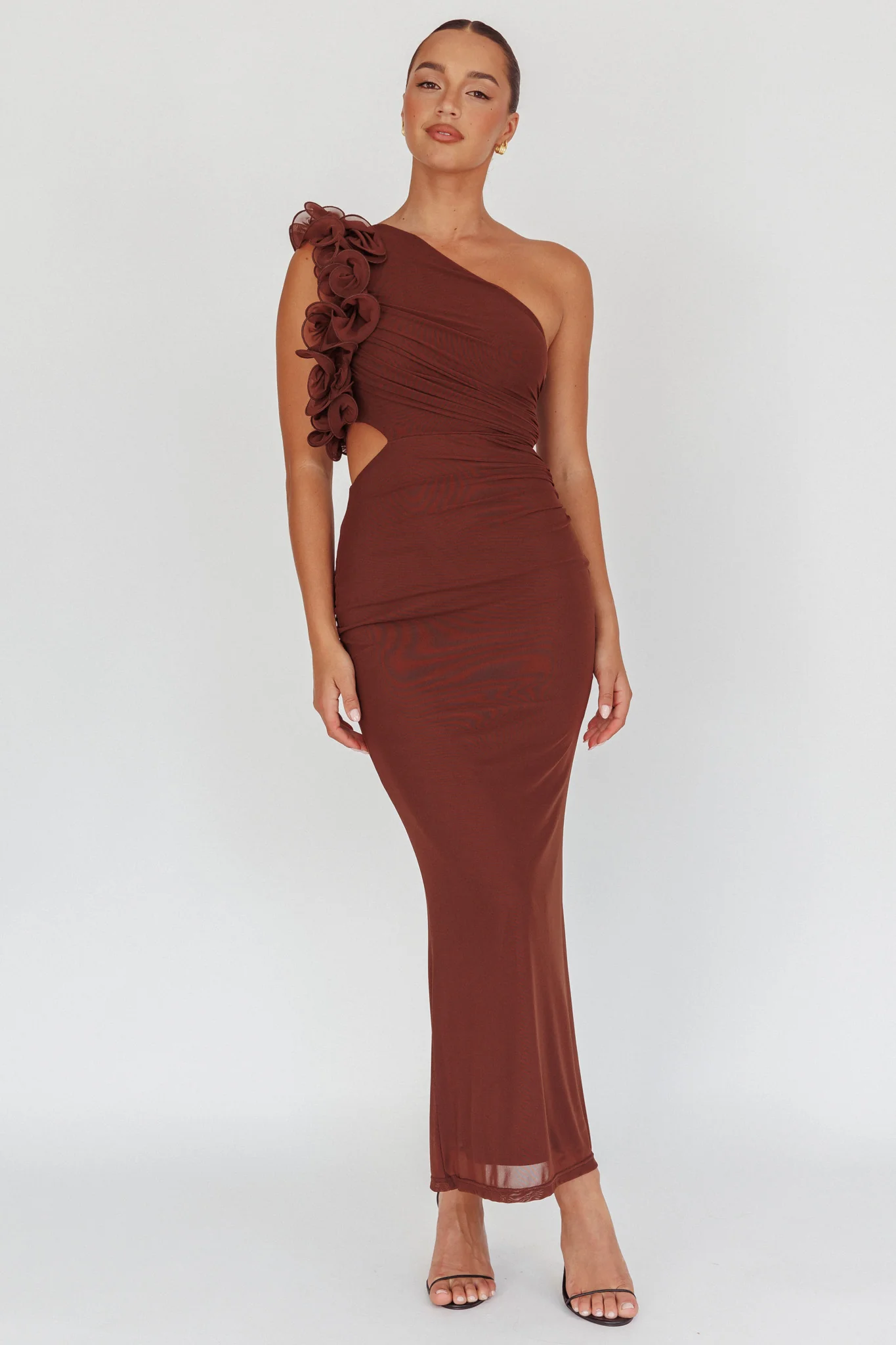 Deanna One-Shoulder Ruffle Maxi Dress Brown - Image 5