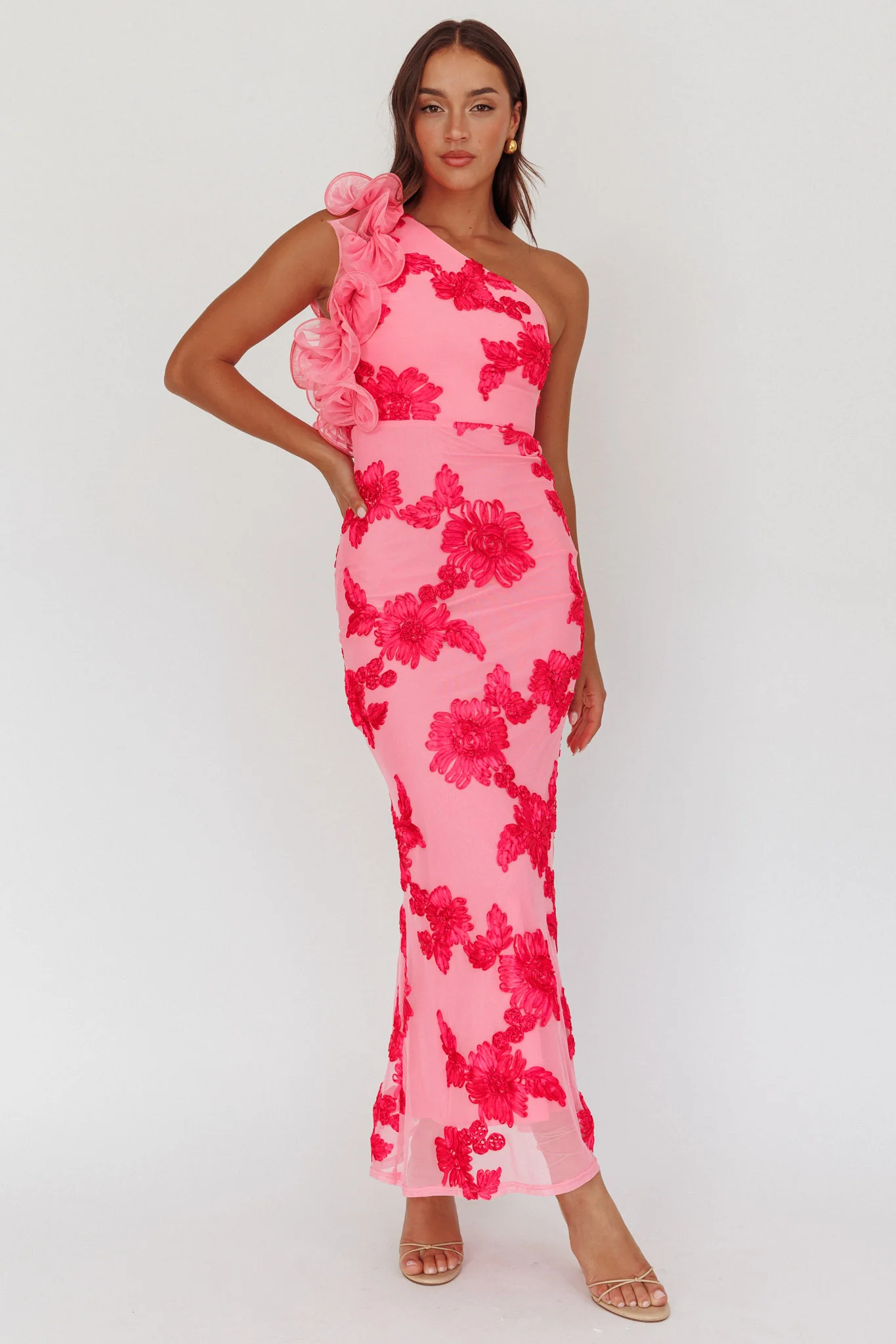 Deanna One-Shoulder Ruffle Maxi Dress Floral Pink - Image 5