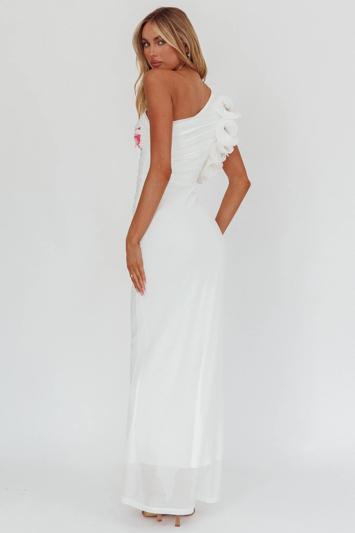 Deanna One-Shoulder Ruffle Maxi Dress Hibiscus White - Image 2