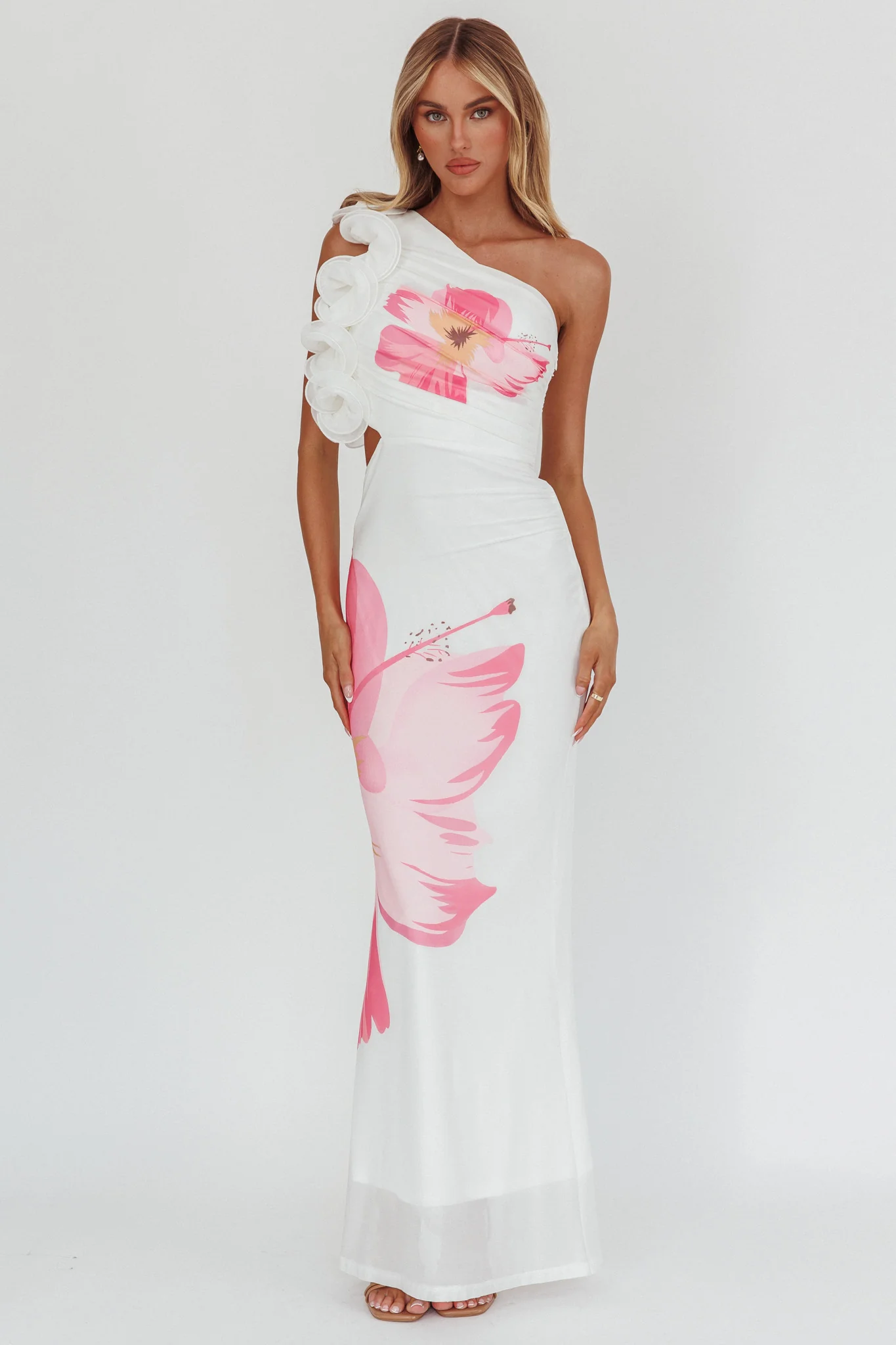 Deanna One-Shoulder Ruffle Maxi Dress Hibiscus White - Image 4