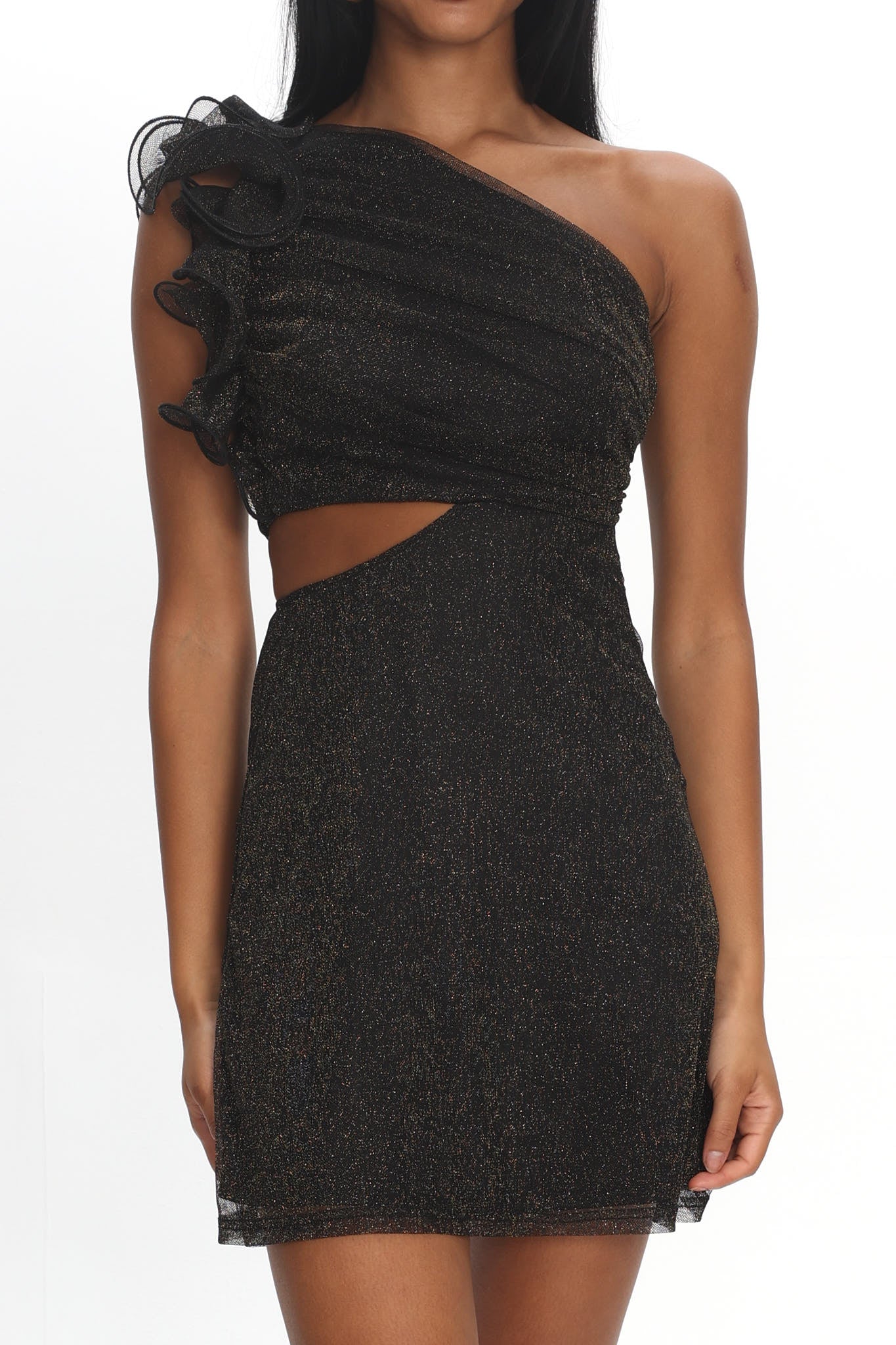 Deanna One-Shoulder Ruffle Mini Dress Glitter Black - Image 3