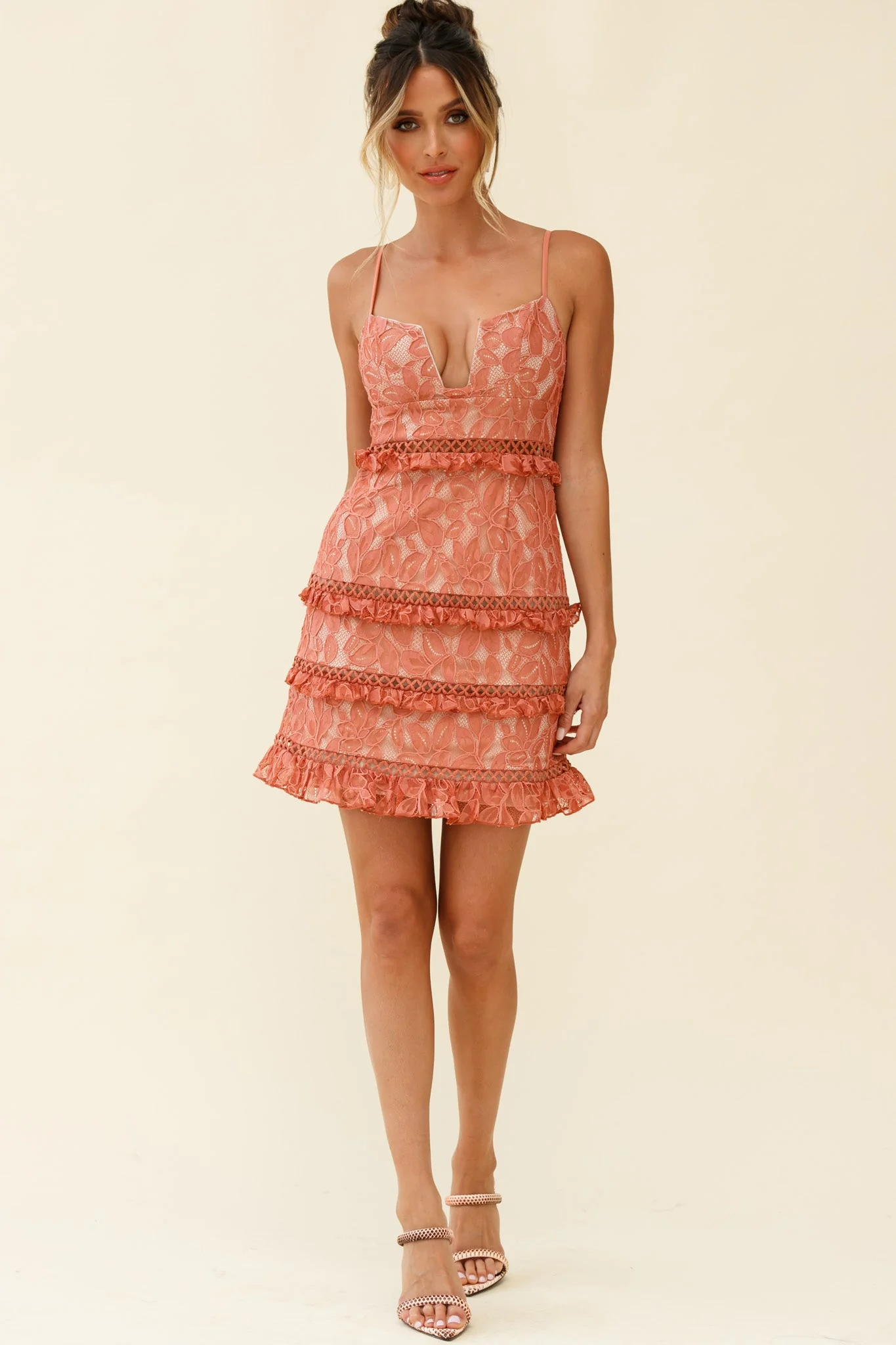 Dear Lover Cami Strap Frill Detail Lace Dress Rose - Image 7
