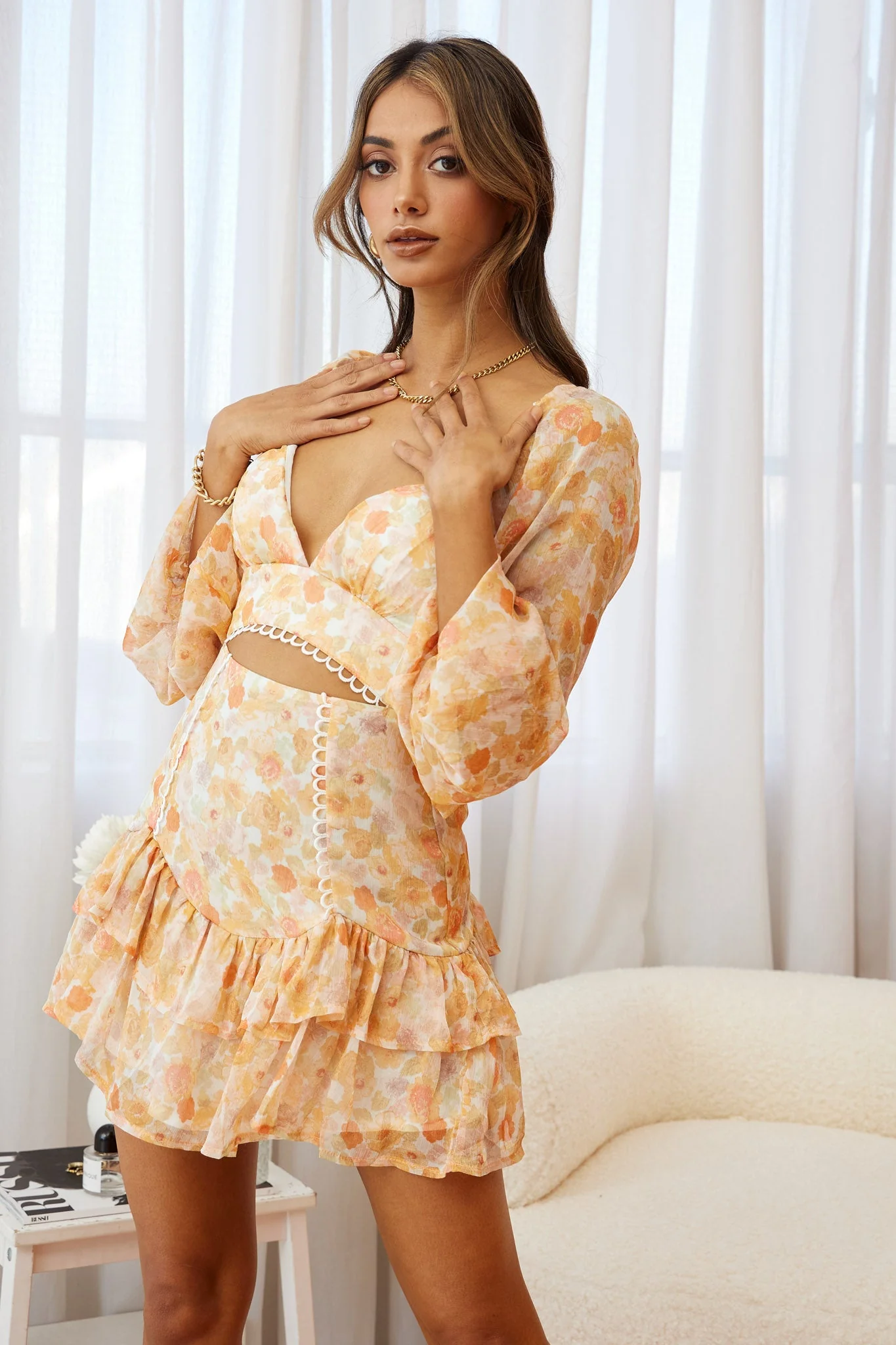 Dearly Beloved Balloon Sleeve Layered Frill Hem Dress Floral Print Orange - Image 4