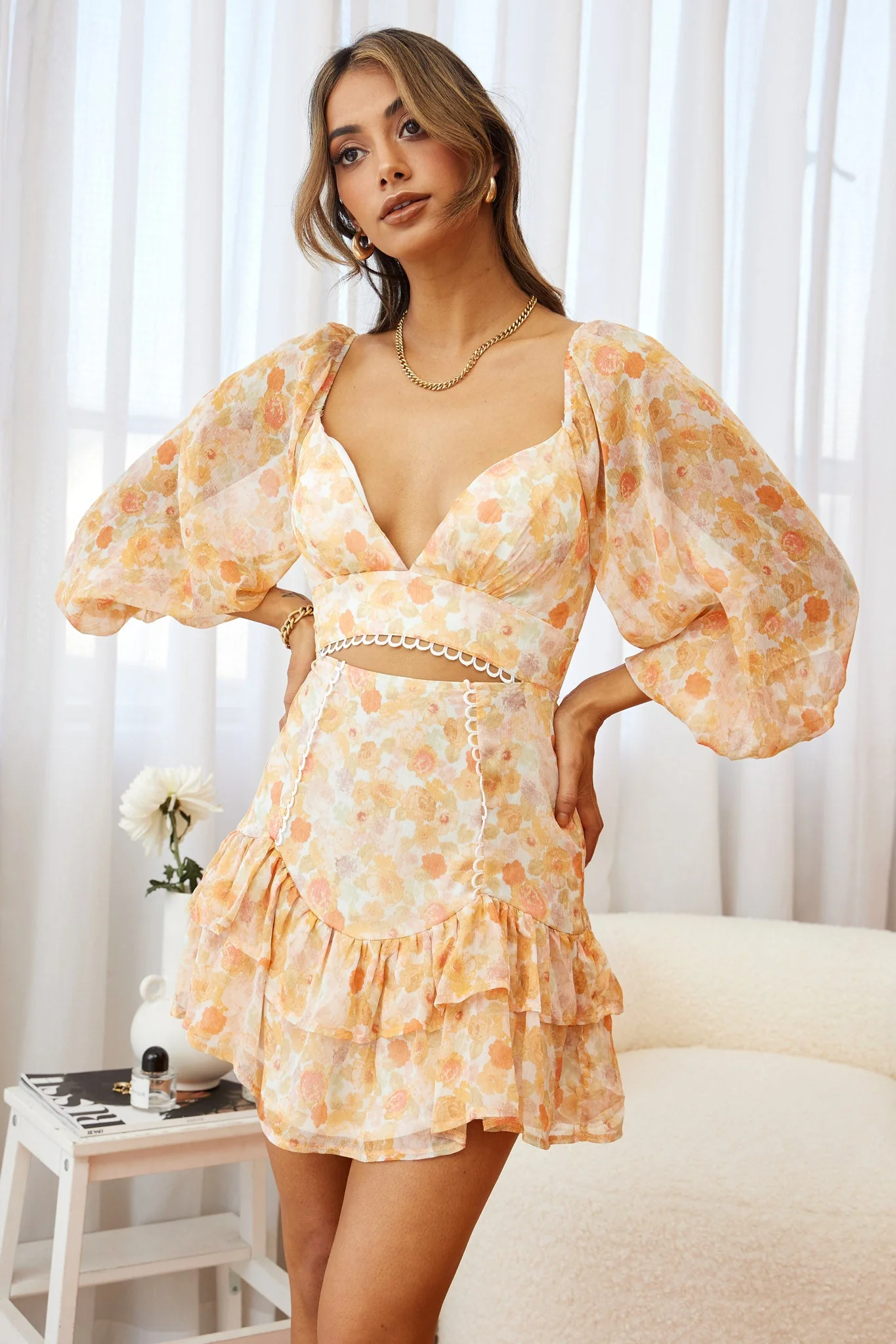 Dearly Beloved Balloon Sleeve Layered Frill Hem Dress Floral Print Orange - Image 7