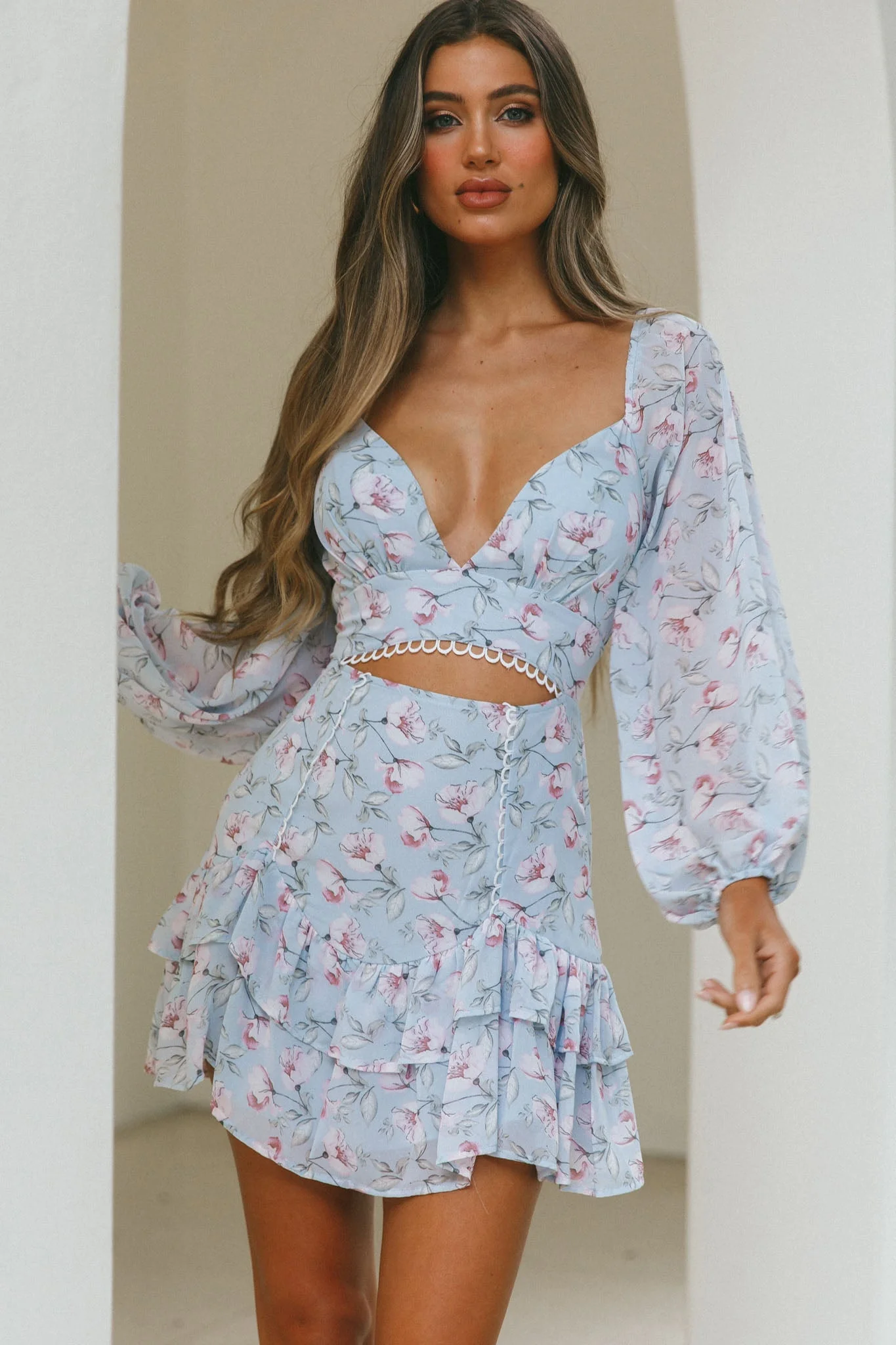 Dearly Beloved Balloon Sleeve Layered Frill Hem Dress Flower Print Blue - Image 5
