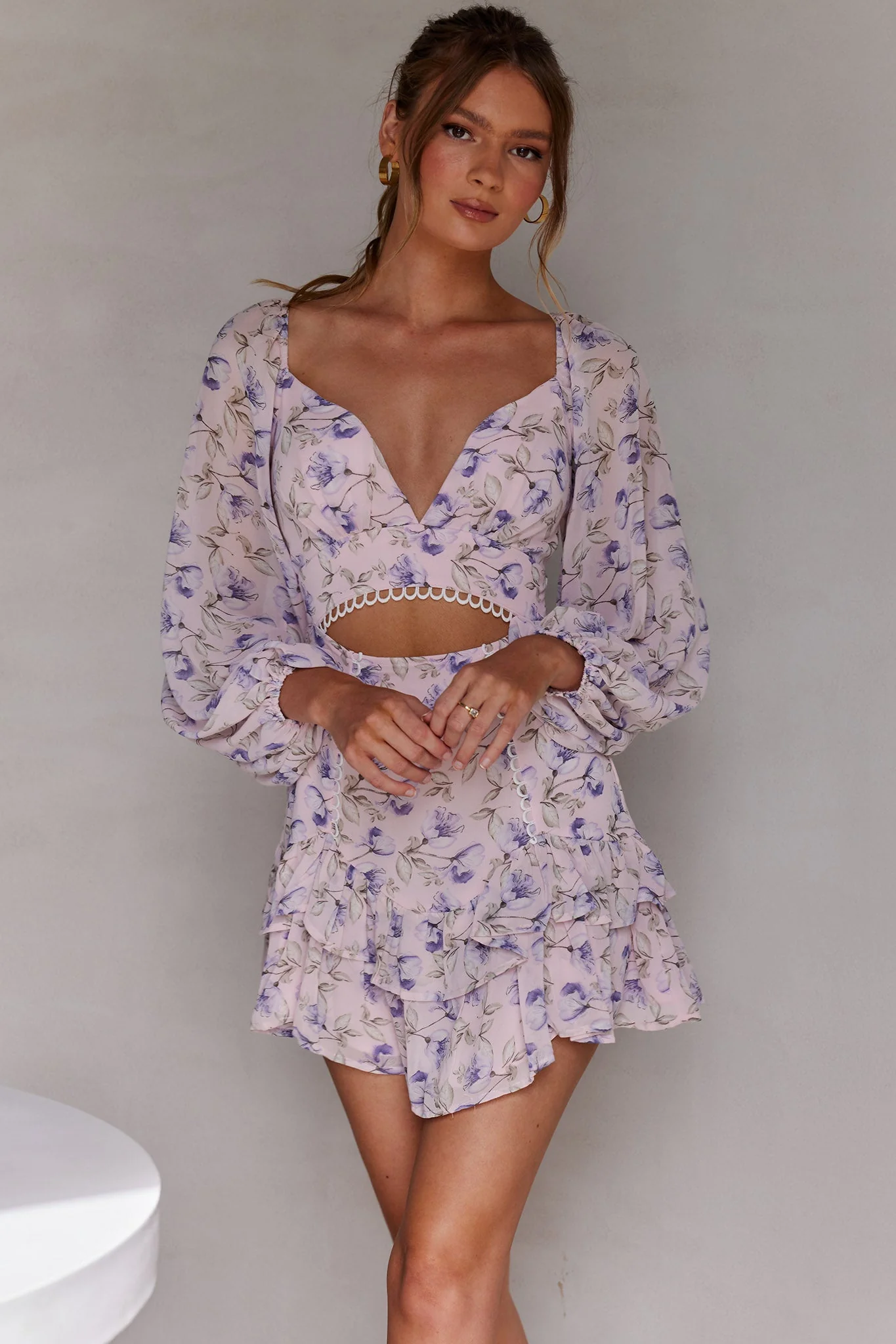 Dearly Beloved Balloon Sleeve Layered Frill Hem Dress Flower Print Blush - Image 4