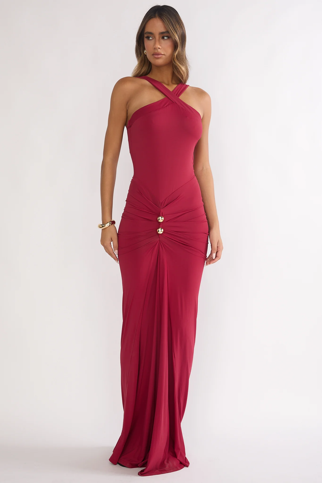 Delaina Ruched Waist Gold Accent Maxi Dress Wine - Image 5