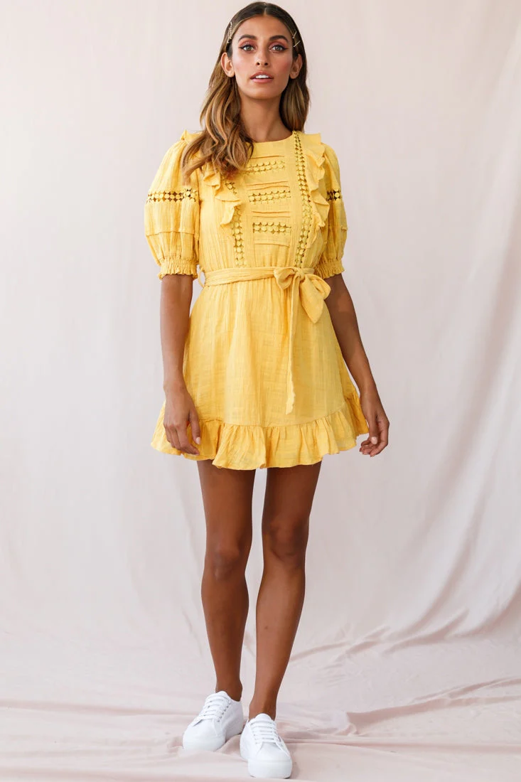 Delia Puff Sleeve Crochet Detail Dress Mustard - Image 2