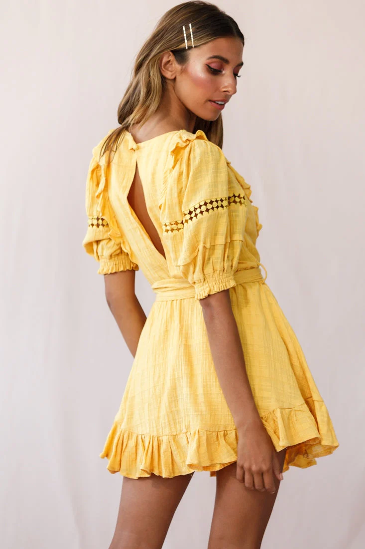 Delia Puff Sleeve Crochet Detail Dress Mustard - Image 3