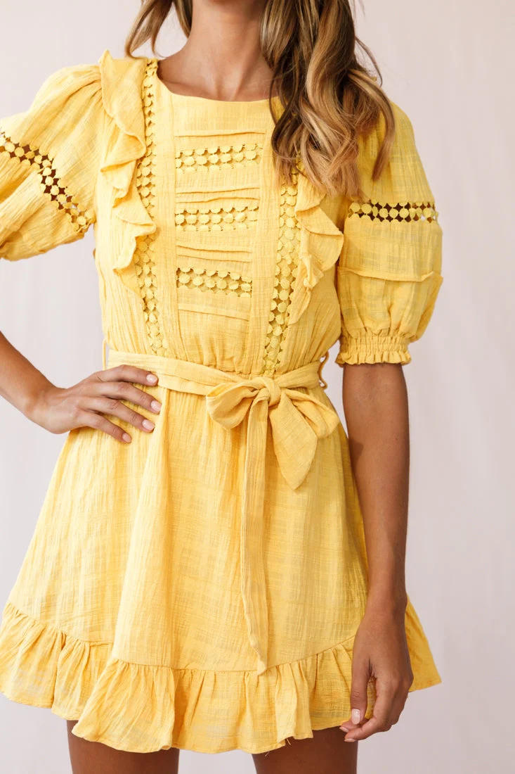 Delia Puff Sleeve Crochet Detail Dress Mustard - Image 4