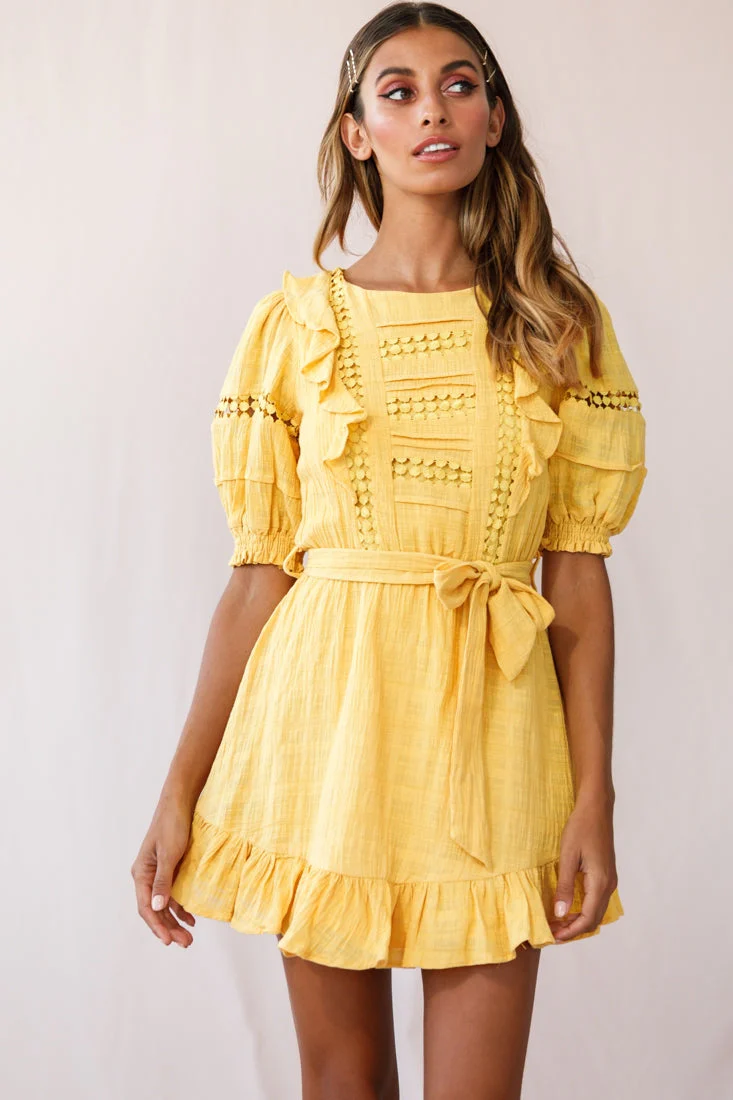 Delia Puff Sleeve Crochet Detail Dress Mustard - Image 5
