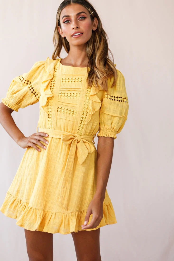 Delia Puff Sleeve Crochet Detail Dress Mustard - Image 6