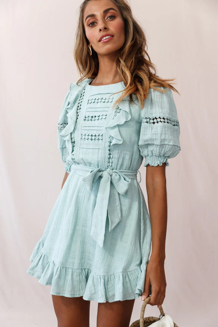 Delia Puff Sleeve Crochet Detail Dress Sage - Image 5