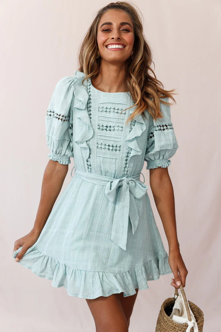 Delia Puff Sleeve Crochet Detail Dress Sage - Image 7