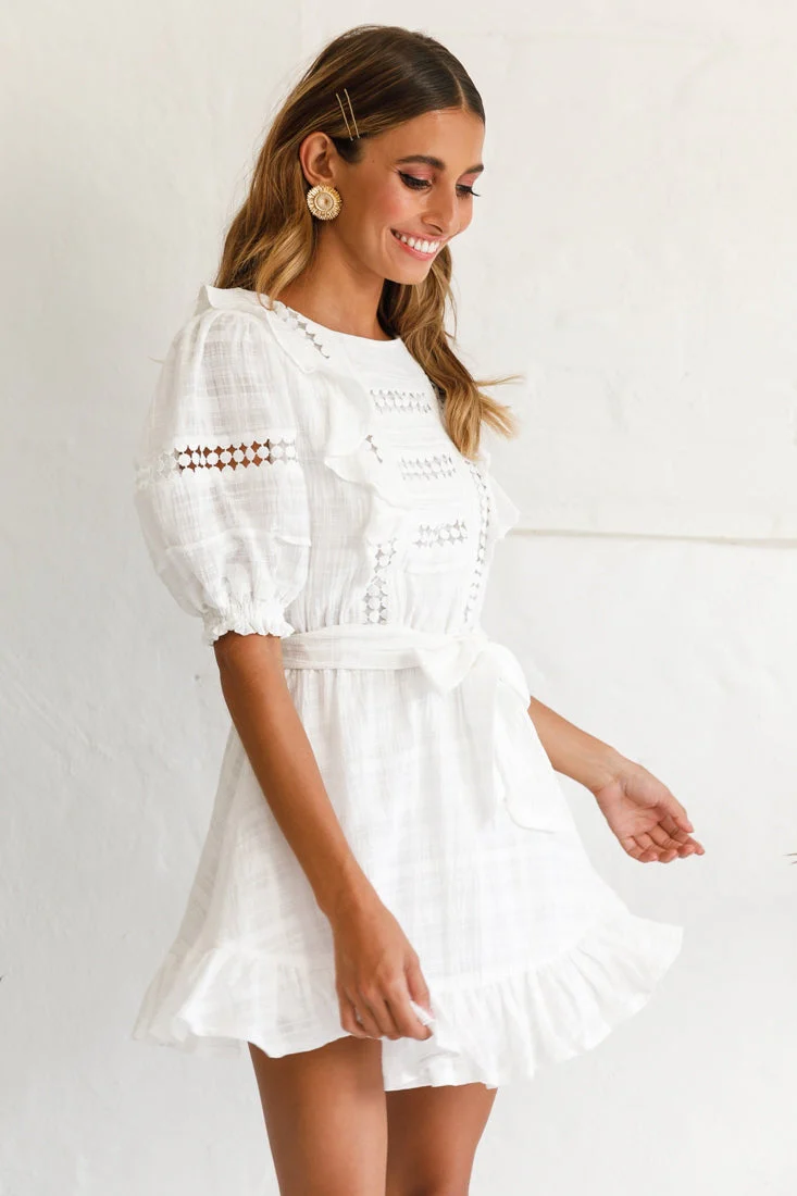 Delia Puff Sleeve Crochet Detail Dress White - Image 2