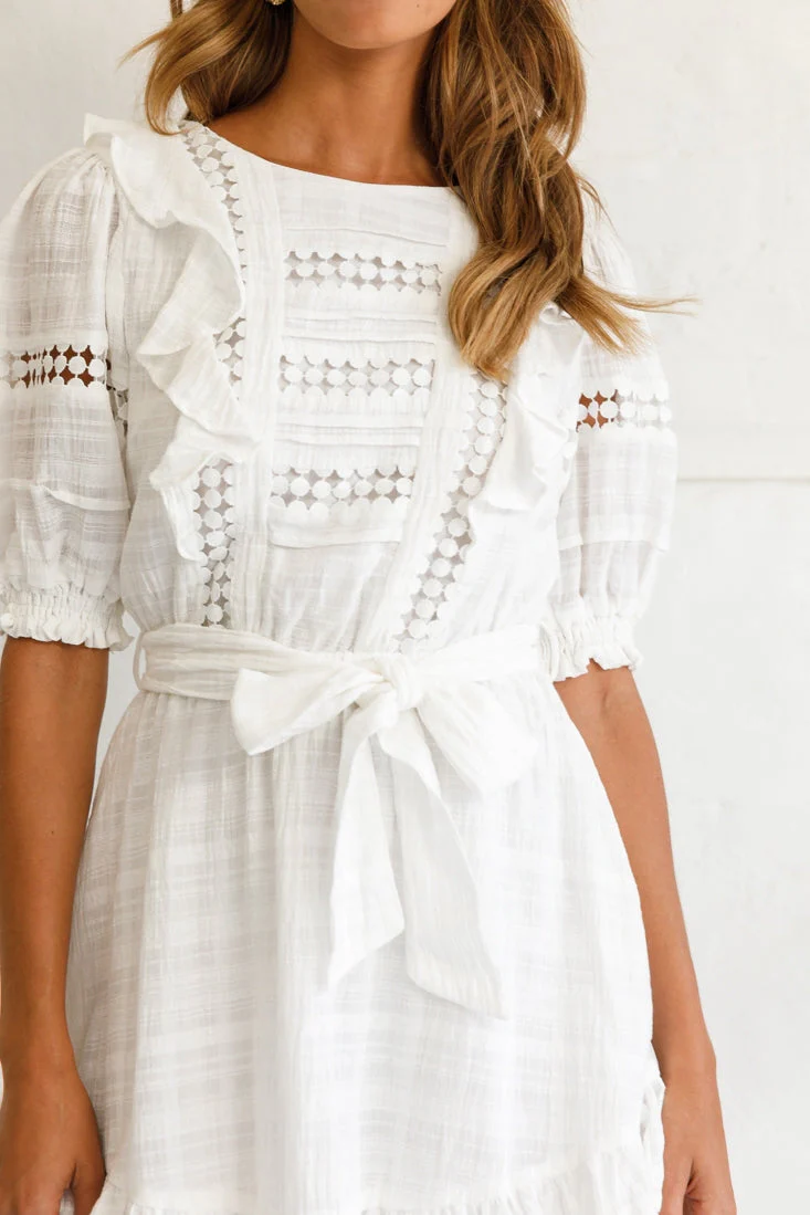 Delia Puff Sleeve Crochet Detail Dress White - Image 4