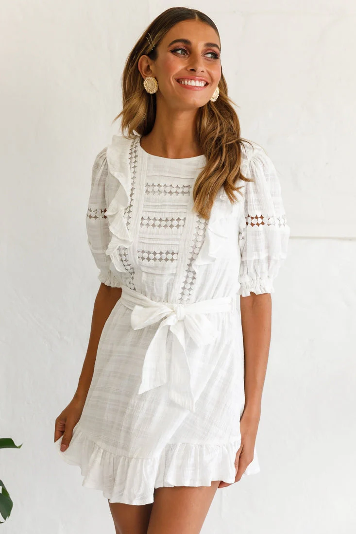 Delia Puff Sleeve Crochet Detail Dress White - Image 7
