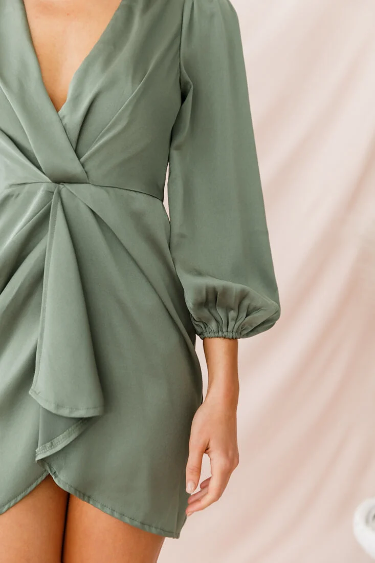 DeLisa Balloon Sleeve Mini Dress Olive - Image 4